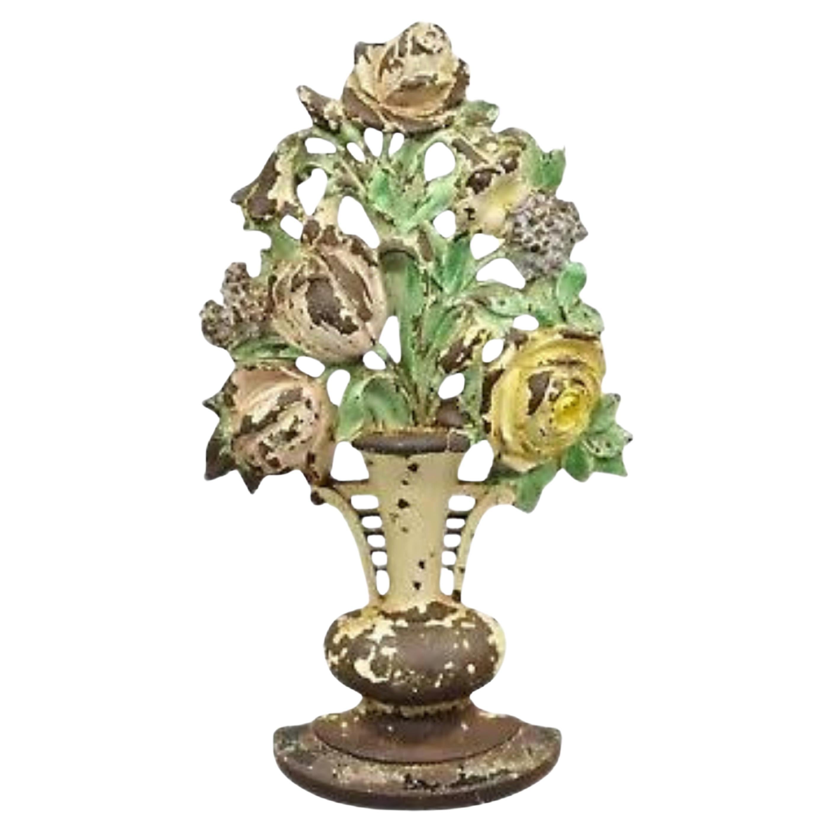 Antique Victorian Hubley Tall Cast Iron Figural Floral Painted Bouquet Door Stop For Sale