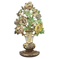 Used Victorian Hubley Tall Cast Iron Figural Floral Painted Bouquet Door Stop