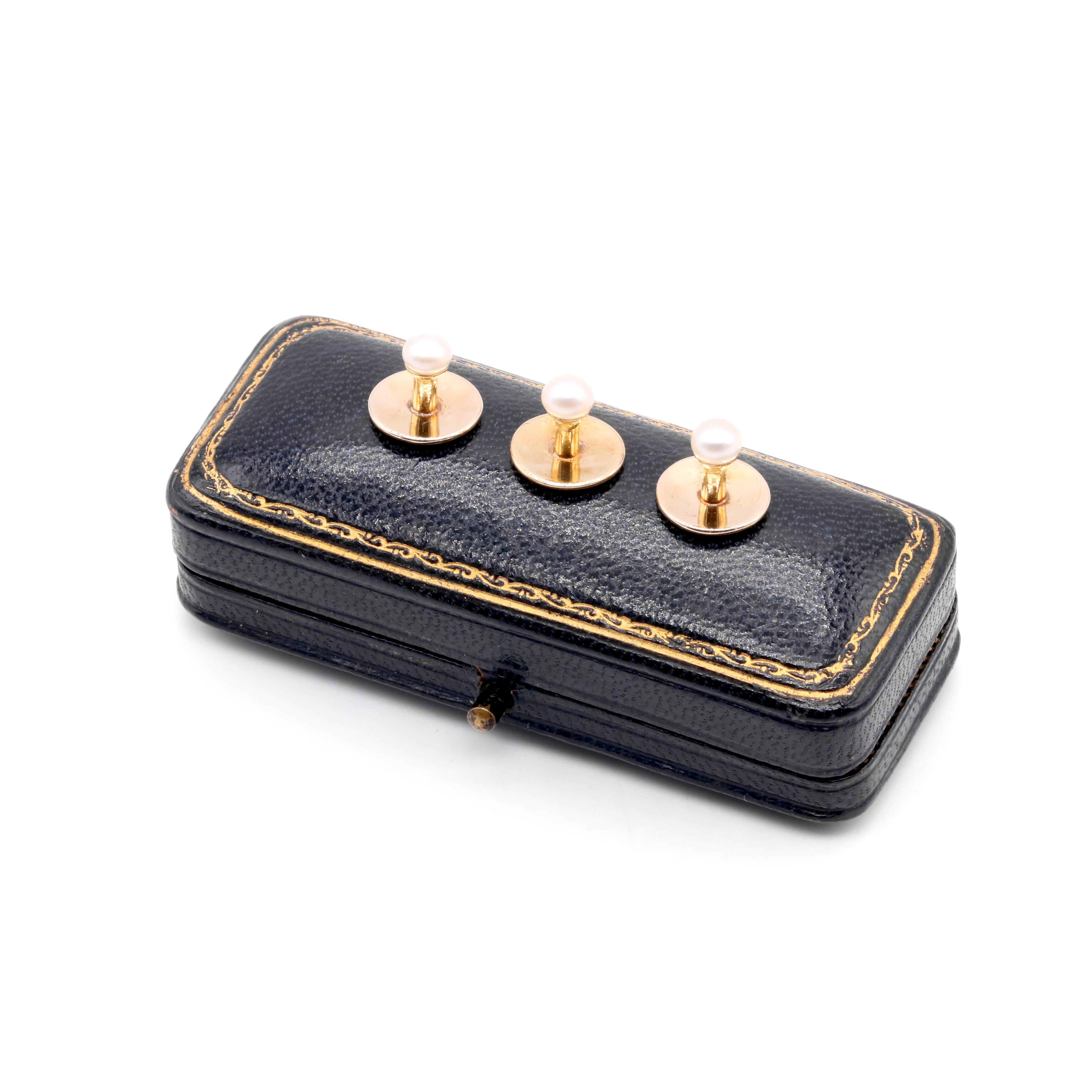 Round Cut Antique Victorian Hunt & Roskell 15K Yellow Gold Pearl Dress Studs For Sale