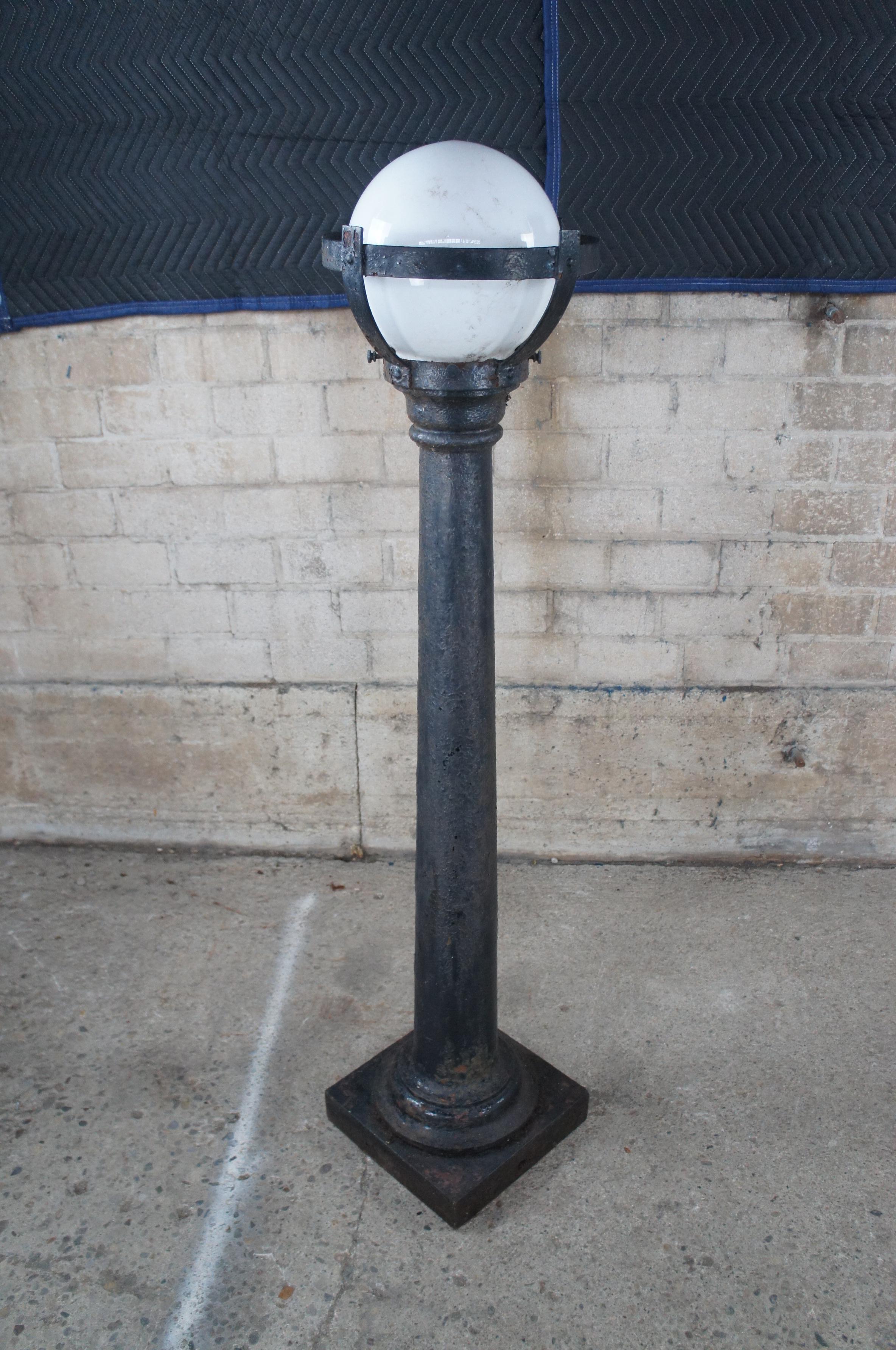 Antique Victorian Industrial Cast Iron Post Lamp Street Lantern Milk Glass Shade 6