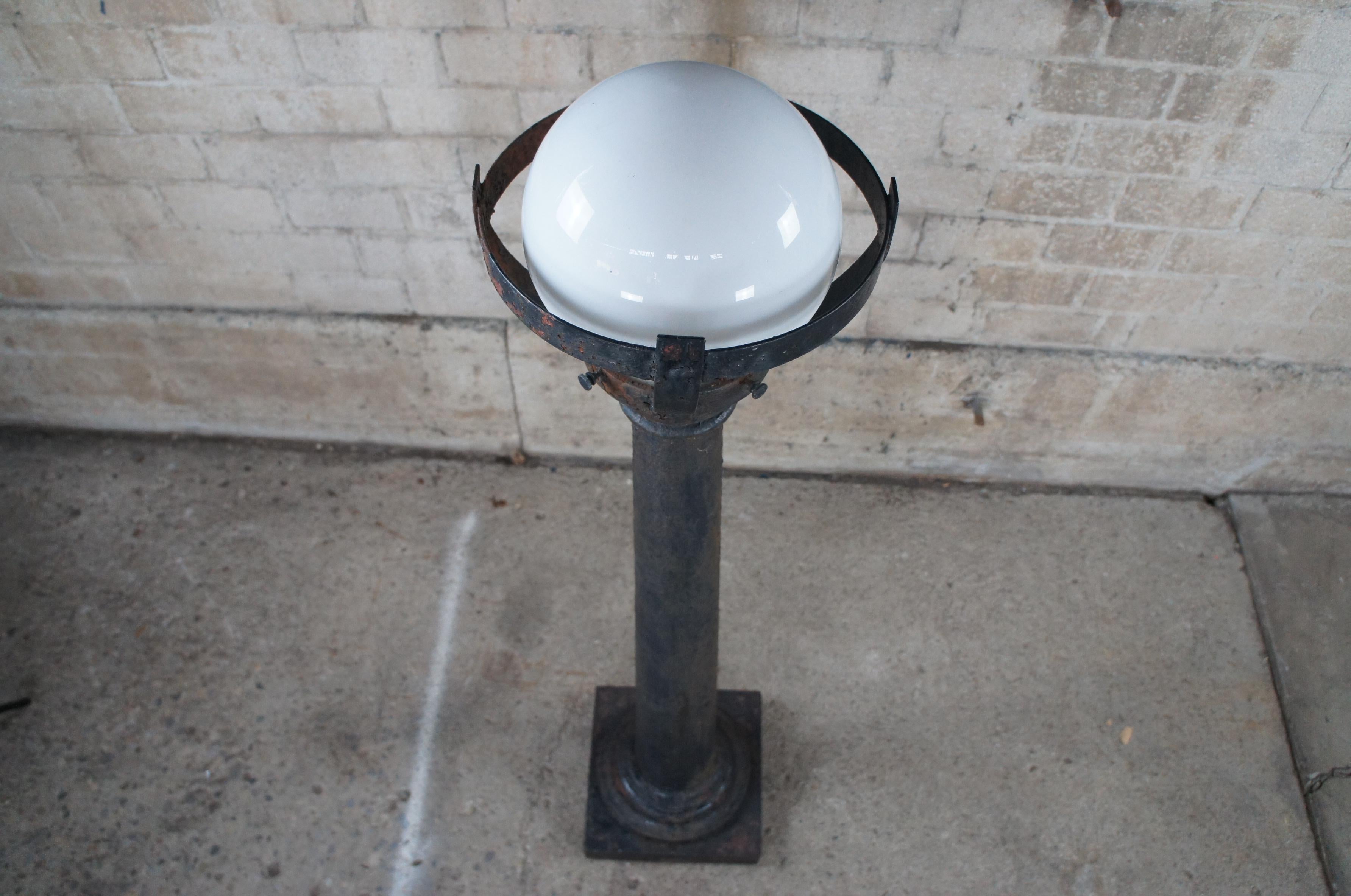 19th Century Antique Victorian Industrial Cast Iron Post Lamp Street Lantern Milk Glass Shade