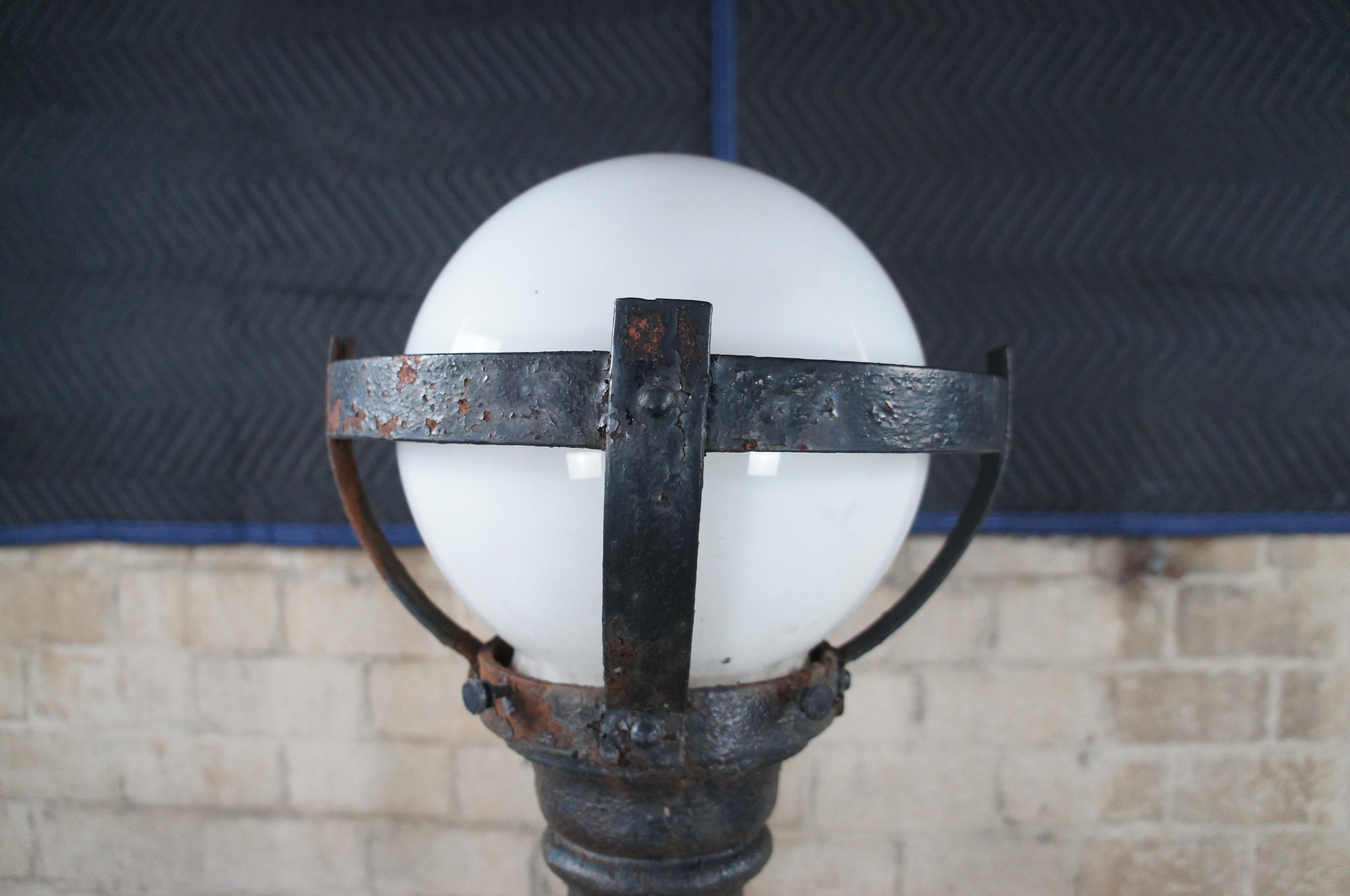 Antique Victorian Industrial Cast Iron Post Lamp Street Lantern Milk Glass Shade 1
