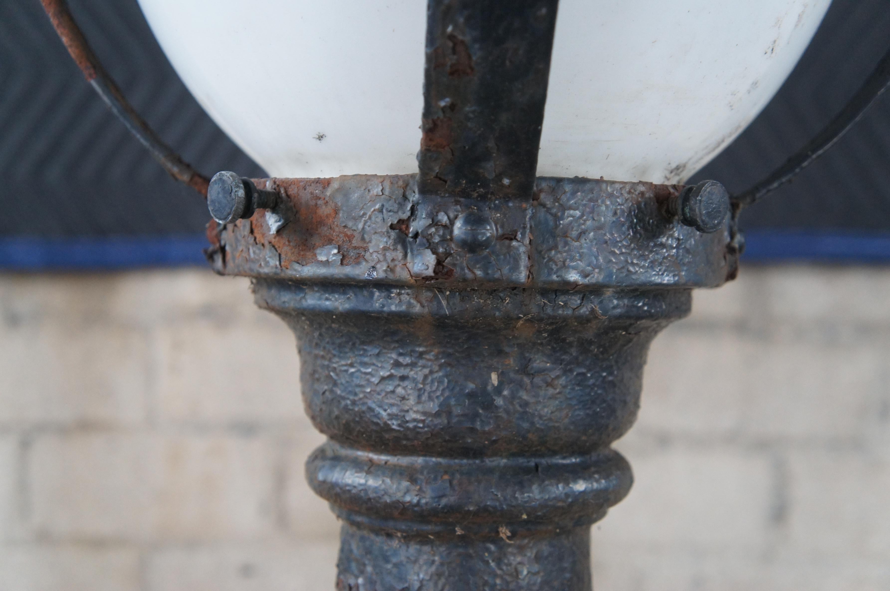 Antique Victorian Industrial Cast Iron Post Lamp Street Lantern Milk Glass Shade 5