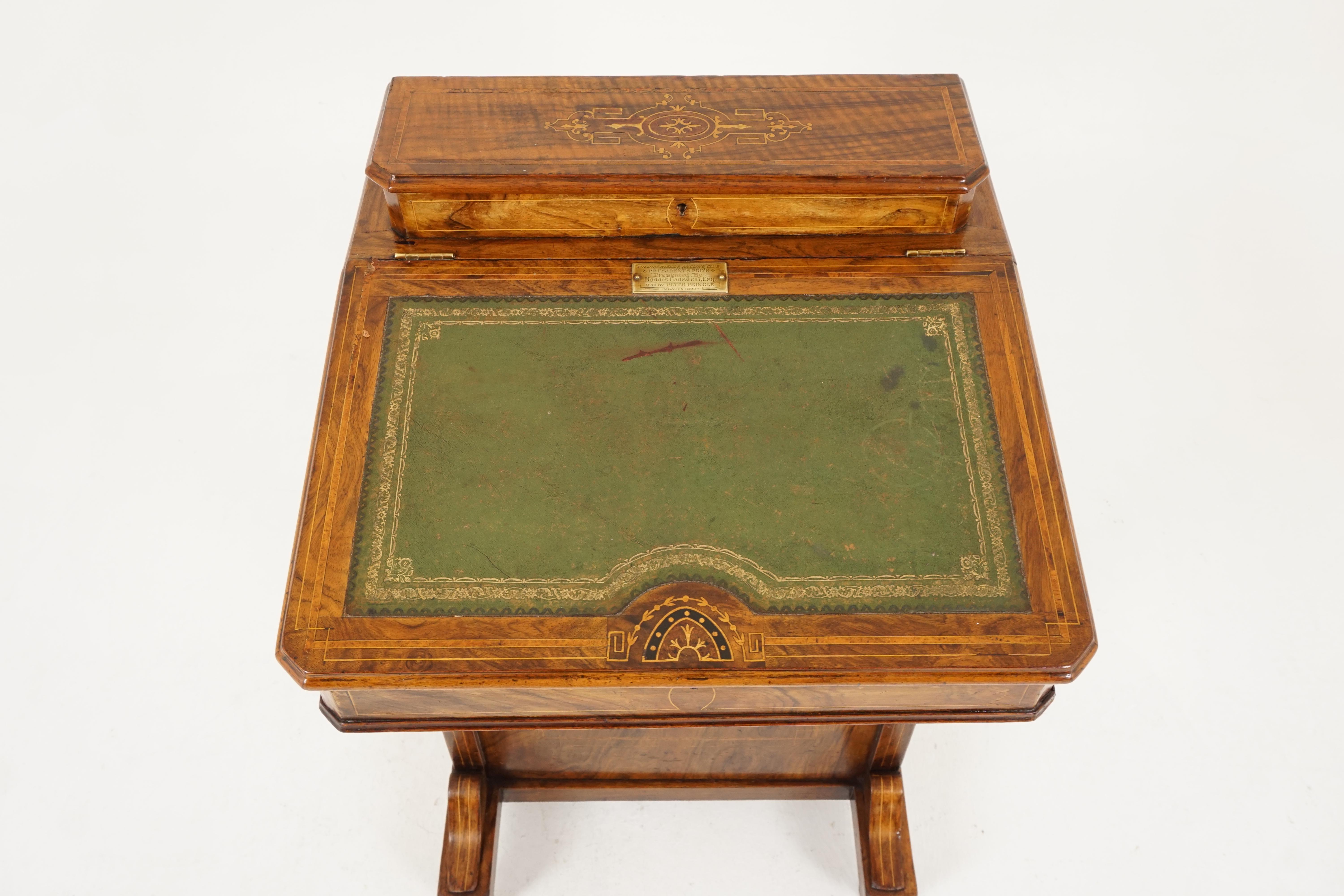 Antique Victorian inlaid burr walnut davenport desk presentation plaque 