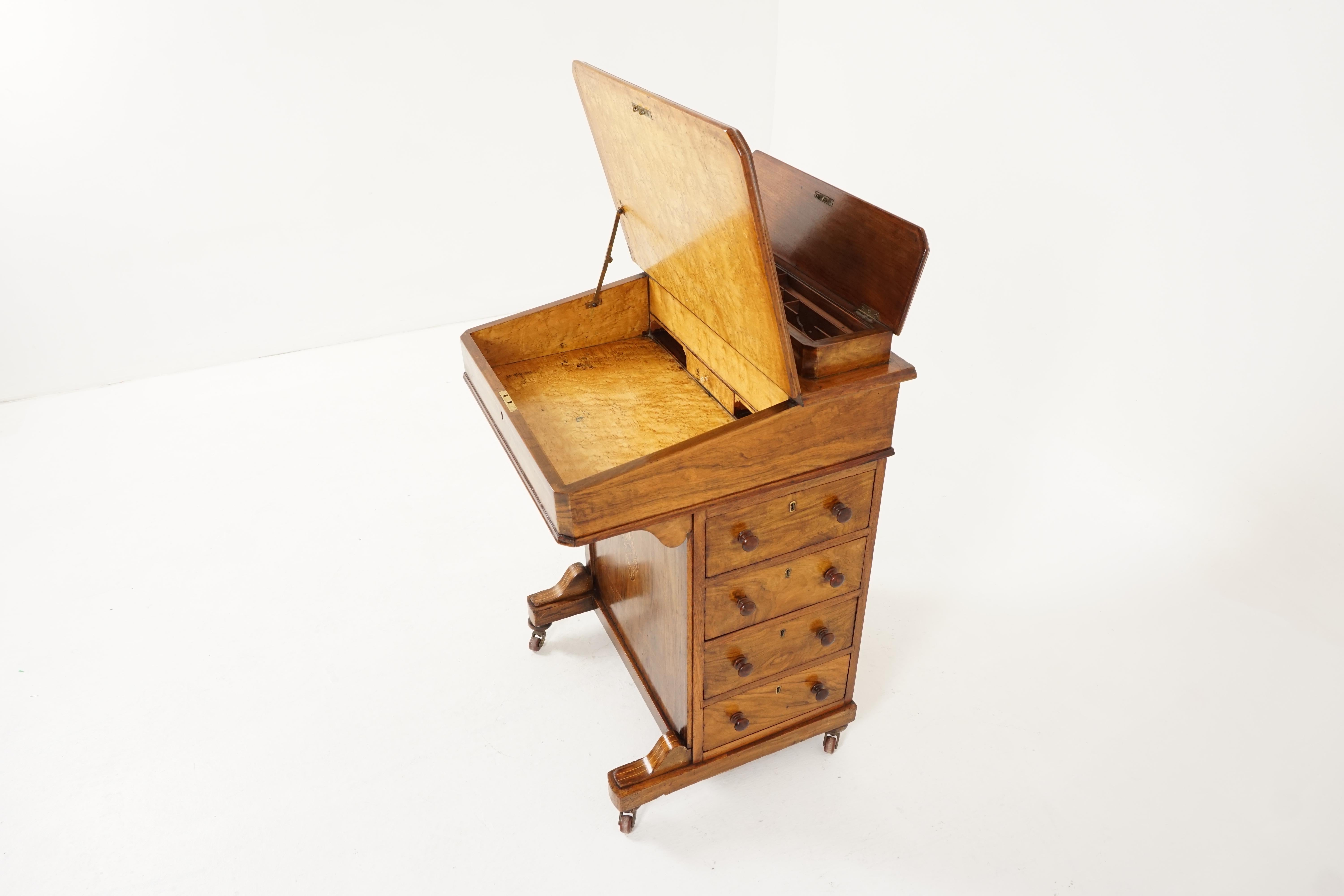 Late 19th Century Antique Victorian Inlaid Burr Walnut Davenport Desk, Scotland, 1890, H123