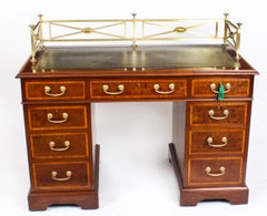 Antique Victorian Inlaid Mahogany Pedestal Desk, 19th Century