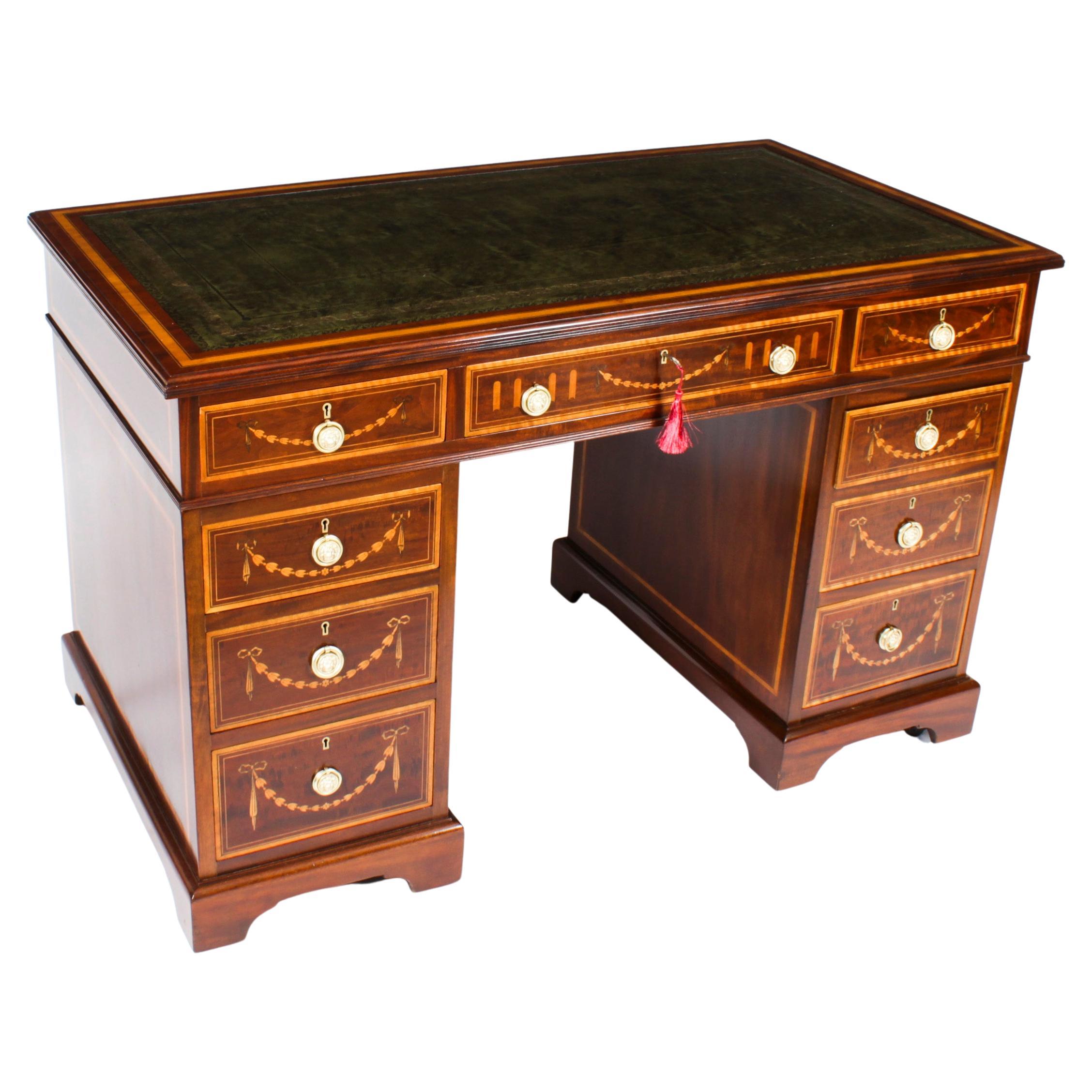 Antique Victorian Inlaid Mahogany Pedestal Desk by Edwards and Roberts 19th  C at 1stDibs