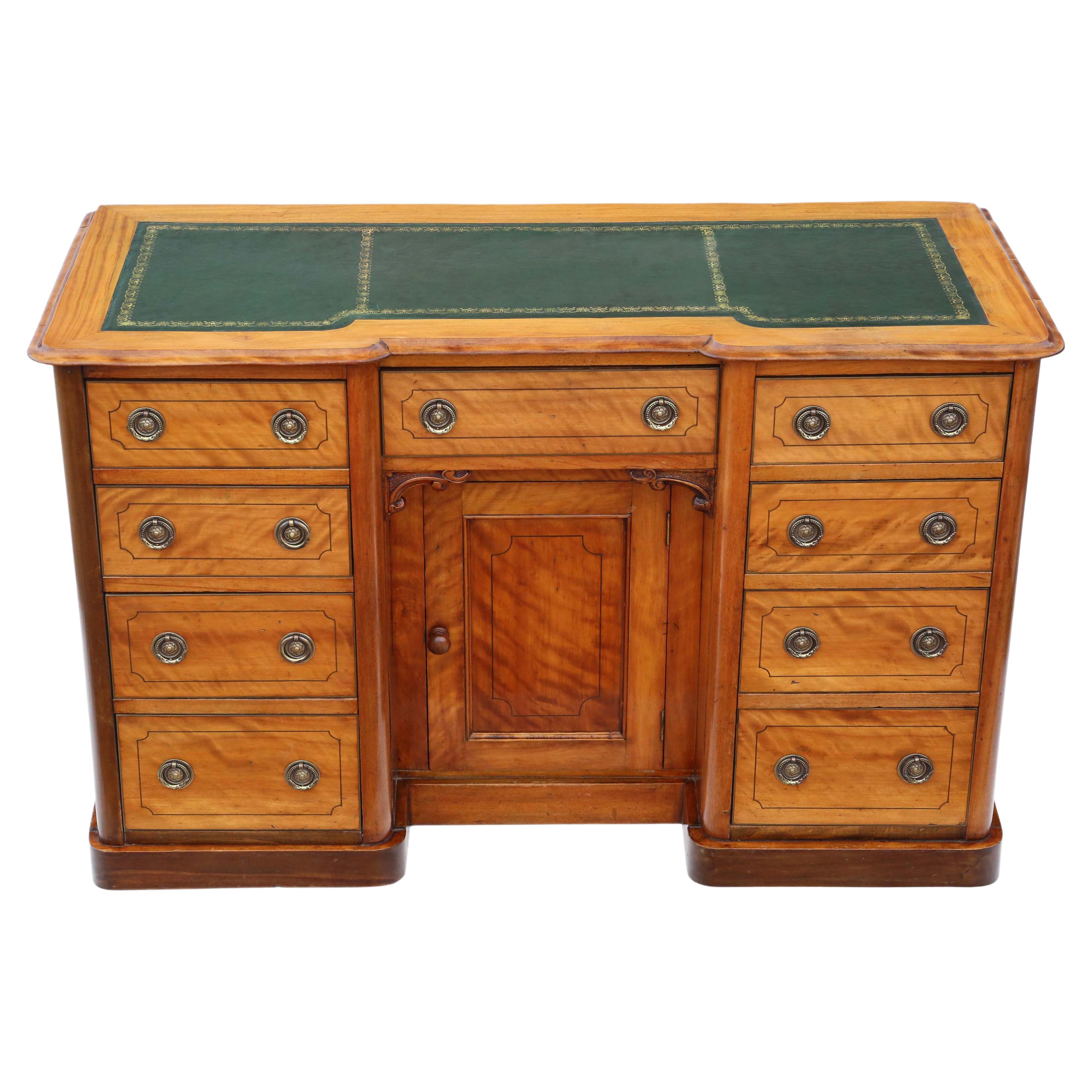 Antique Victorian Inlaid Satin Walnut Twin Pedestal Desk Writing Table For Sale