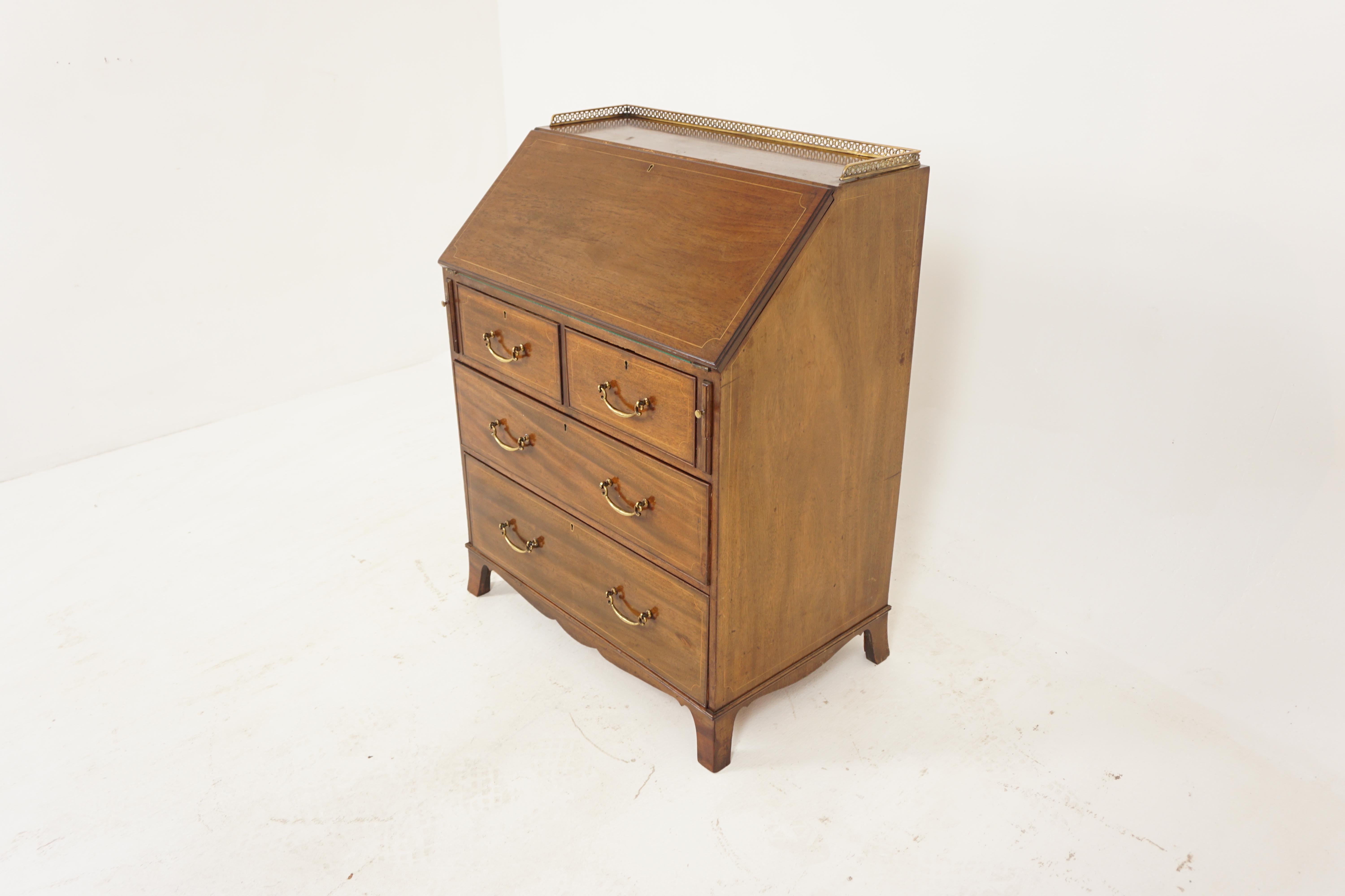 Antique Victorian Inlaid Slant front desk Bureau, Scotland 1900, H227

Scotland 1900
Solid walnut
Original finish
Three quarter brass gallery on top 
Inlaid fall front
Opens to reveal a fitted interior with three drawers and pigeon holes
Writing