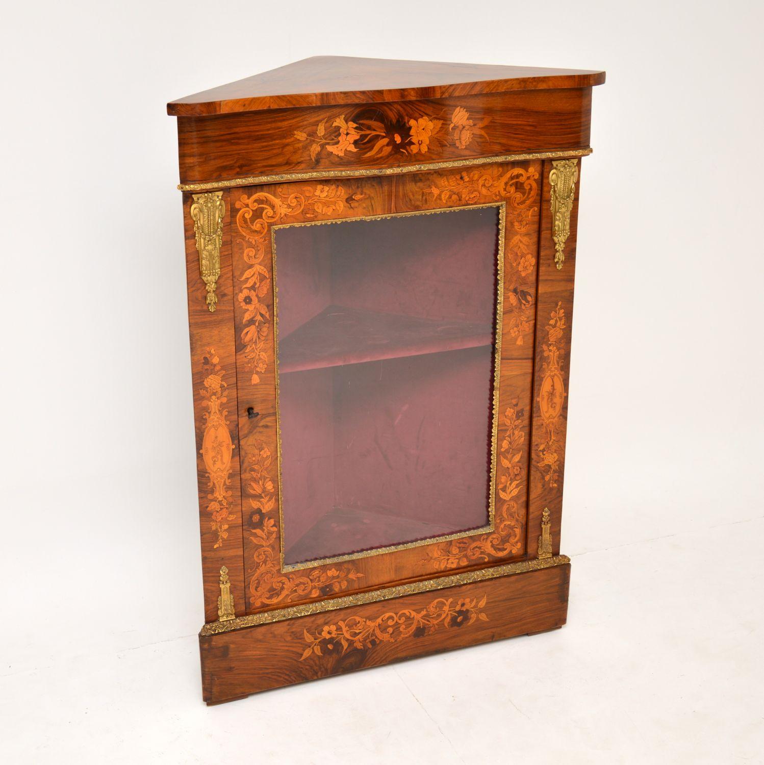 English Antique Victorian Inlaid Walnut Corner Cabinet