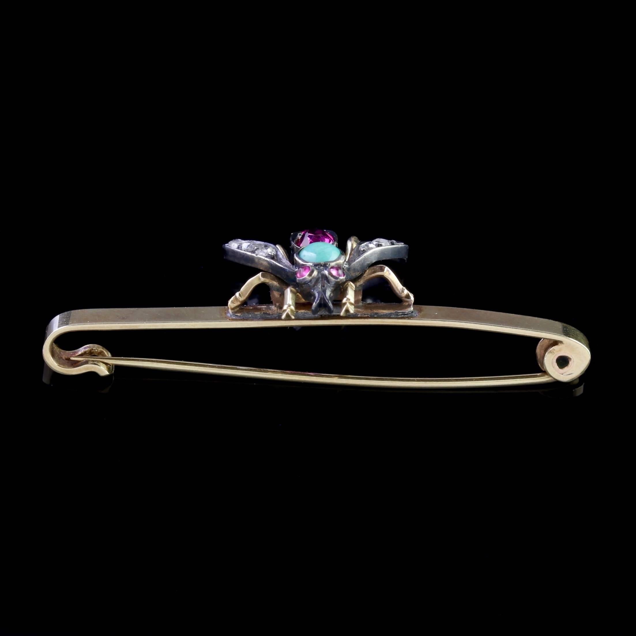 Women's Antique Victorian Insect Brooch Diamond Ruby Turquoise, circa 1900 For Sale
