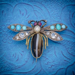 Victorian Insect Brooch Diamond Turquoise Pearl Agate Silver 18 Carat Gold