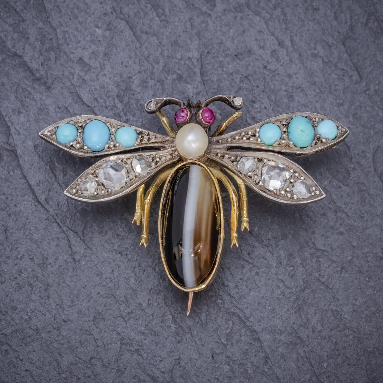Victorian Insect Brooch Diamond Turquoise Pearl Agate Silver 18 Carat Gold In Good Condition In Lancaster , GB