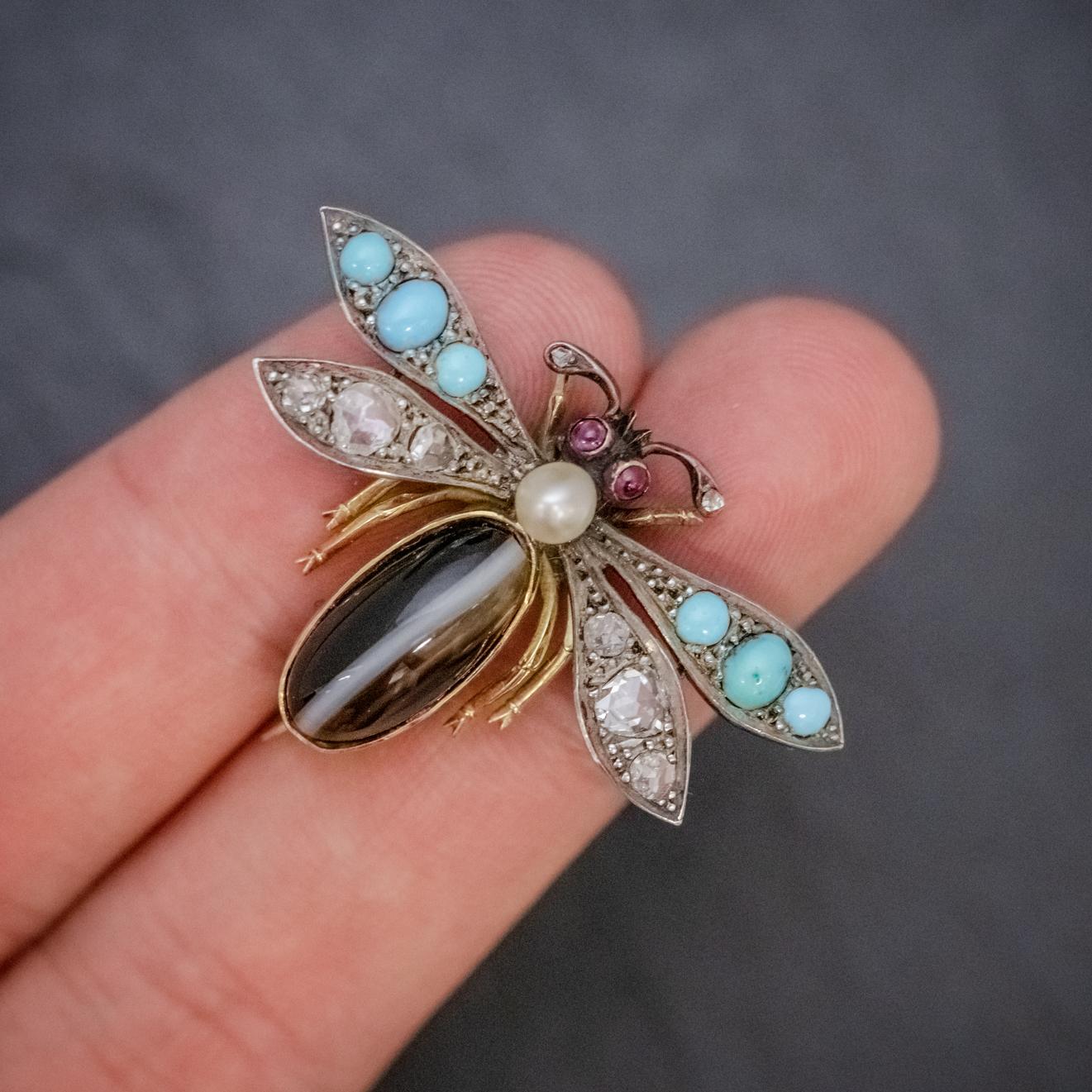 Victorian Insect Brooch Diamond Turquoise Pearl Agate Silver 18 Carat Gold 2