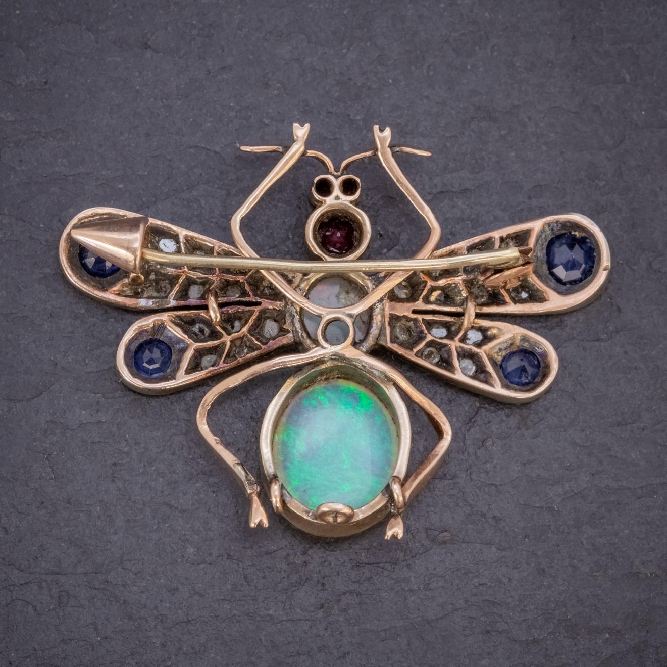 Victorian Insect Brooch Opal Diamond Ruby Sapphire 18 Carat Gold, circa 1880 In Good Condition For Sale In Lancaster , GB