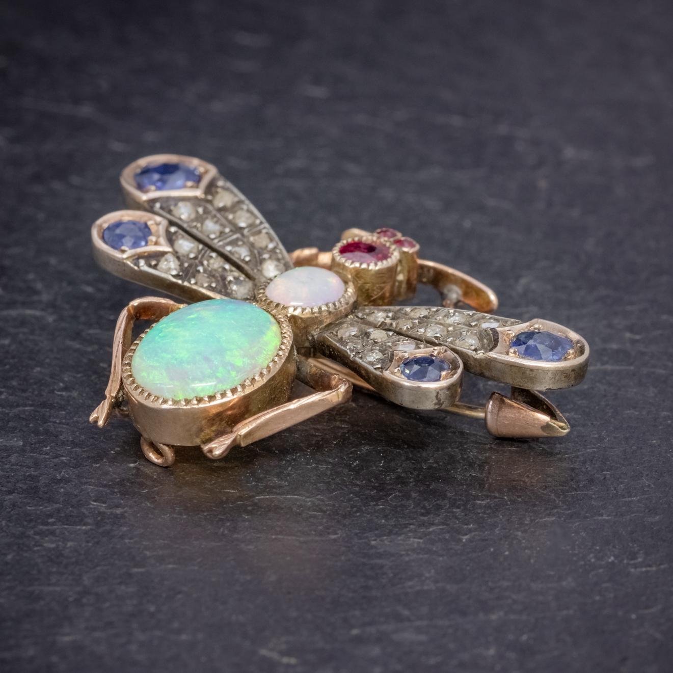 Women's Victorian Insect Brooch Opal Diamond Ruby Sapphire 18 Carat Gold, circa 1880 For Sale