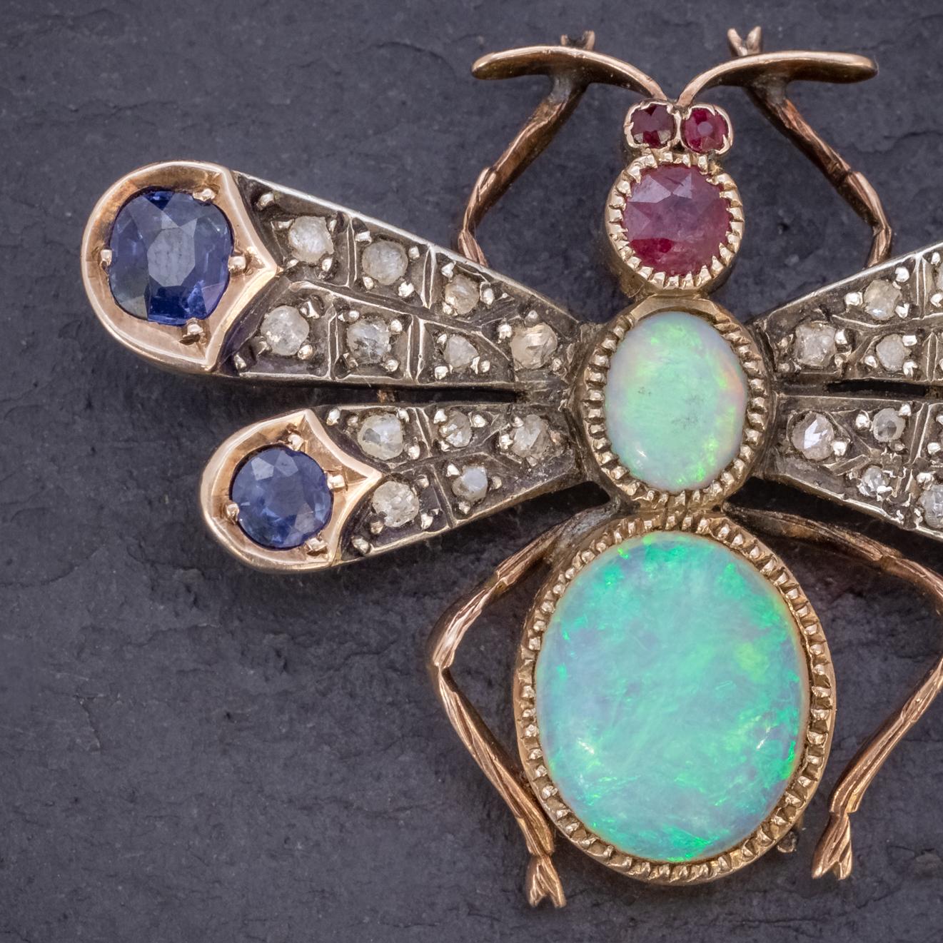 Victorian Insect Brooch Opal Diamond Ruby Sapphire 18 Carat Gold, circa 1880 For Sale 1