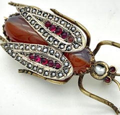 Antique Victorian Insect Beetle Brooch Carnelian Pearl Glass Silver Gilt