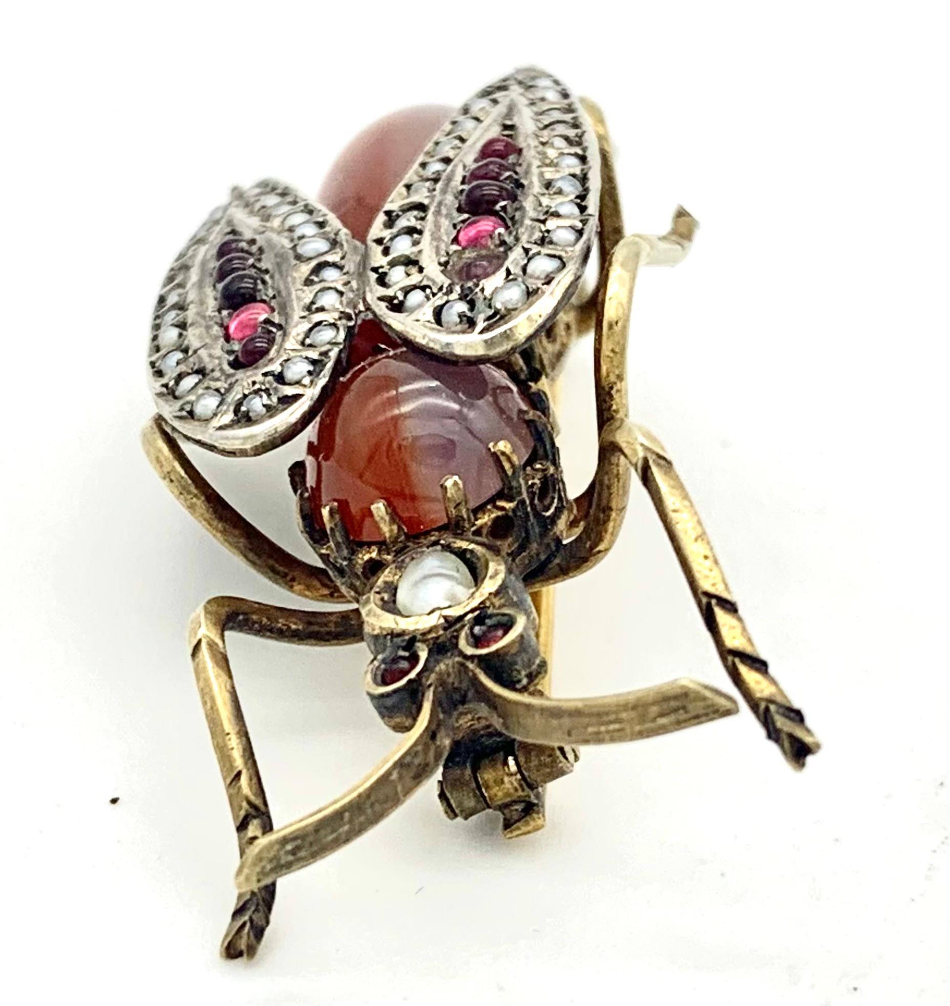 Ball Cut Antique Victorian Insekt Beetle Brooch Cornelian Pearls Glass Silver Guilt For Sale