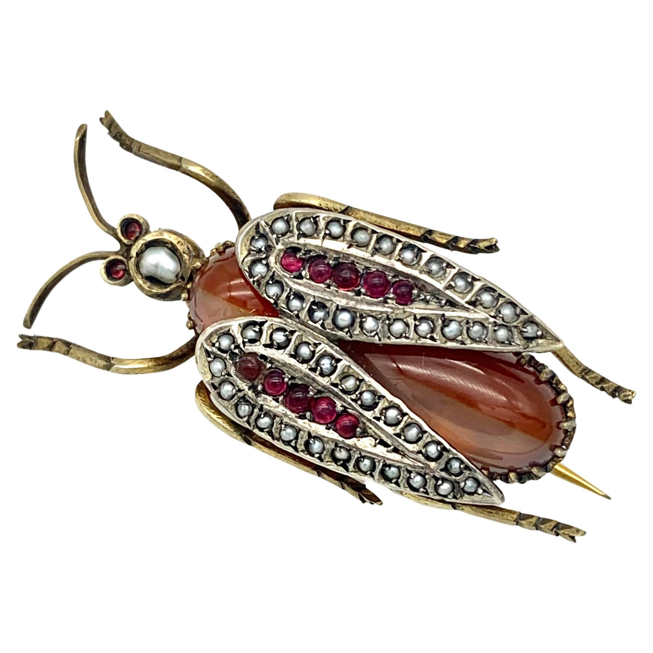 Antique Victorian Insekt Beetle Brooch Cornelian Pearls Glass Silver Guilt