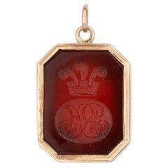 Antique Victorian Intaglio Pendant Carnelian Three Feathers 14k Gold Seal