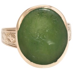 Antique Victorian Intaglio Ring Green Agate 10 Karat Yellow Gold Soldier Warrior