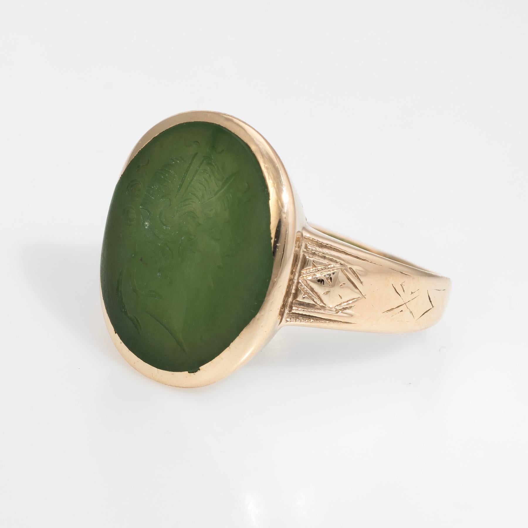 Oval Cut Antique Victorian Intaglio Ring Green Agate 10 Karat Yellow Gold Soldier Warrior