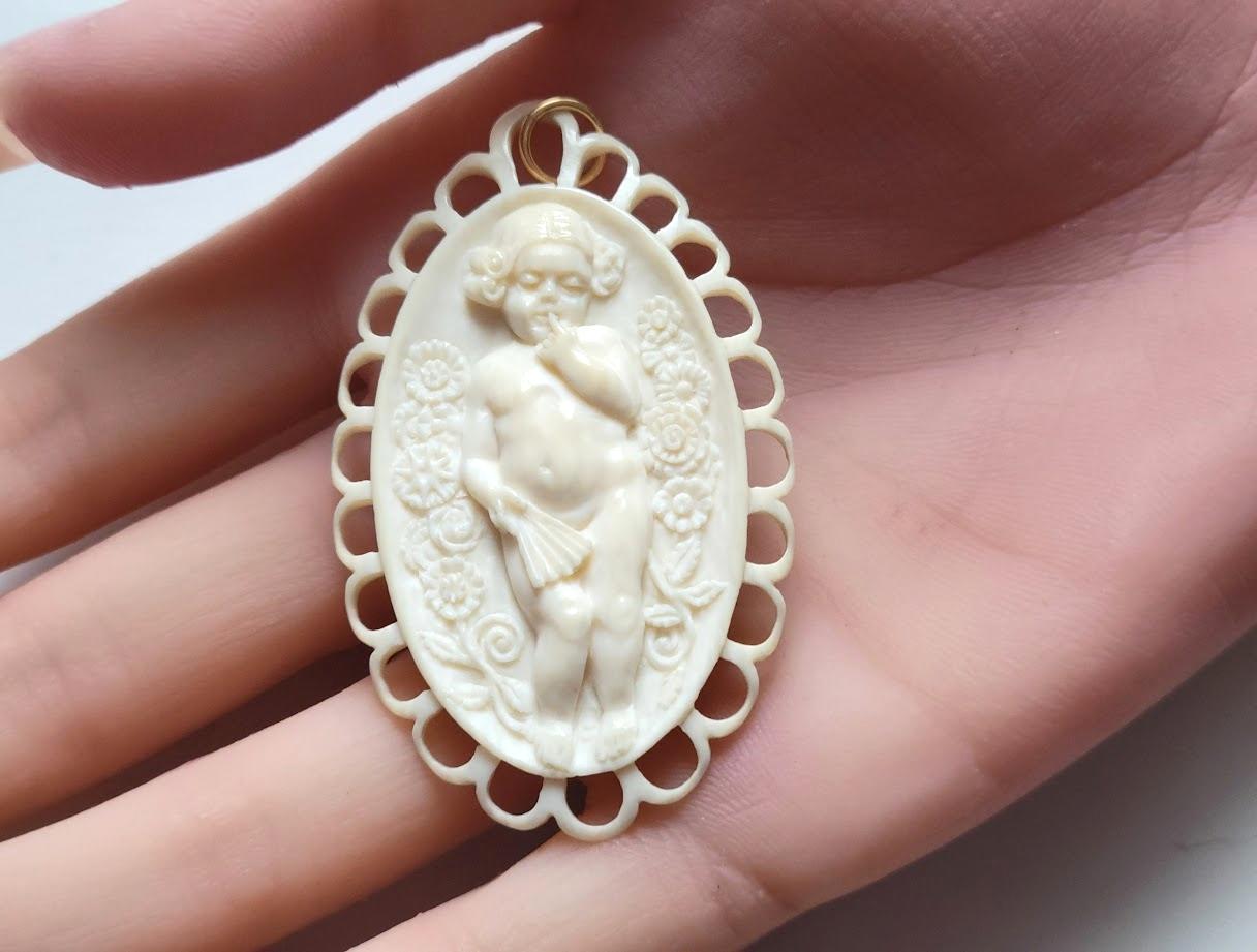 Victorian Antique Dieppe Carved Ivory Cameo Pendant For Sale