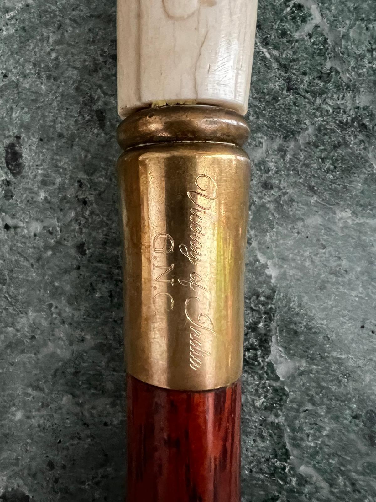 Hand-Carved Antique Victorian Ivory Rosewood Walking Cane Stick G.N.C. Viceroy of India For Sale