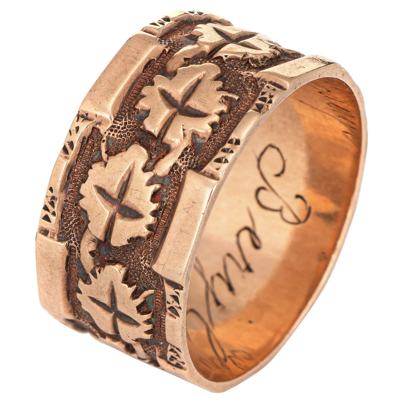 Antiguo Anillo Victoriano Patrón Hoja de Hiedra Anillo de Boda Ancho Oro Rosa 10k