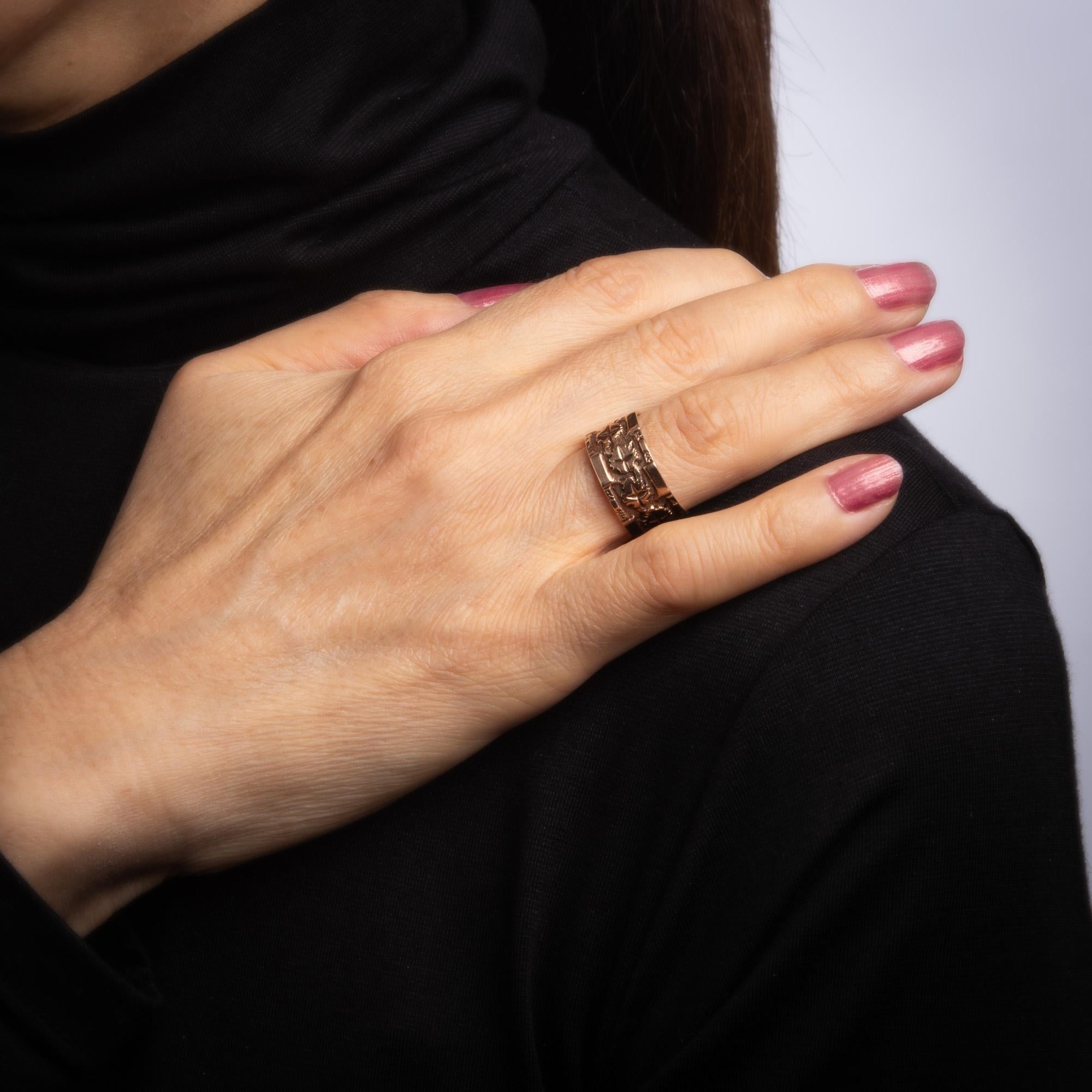 Antiguo Anillo Victoriano Patrón Hoja de Hiedra Anillo de Boda Ancho Oro Rosa 10k 1