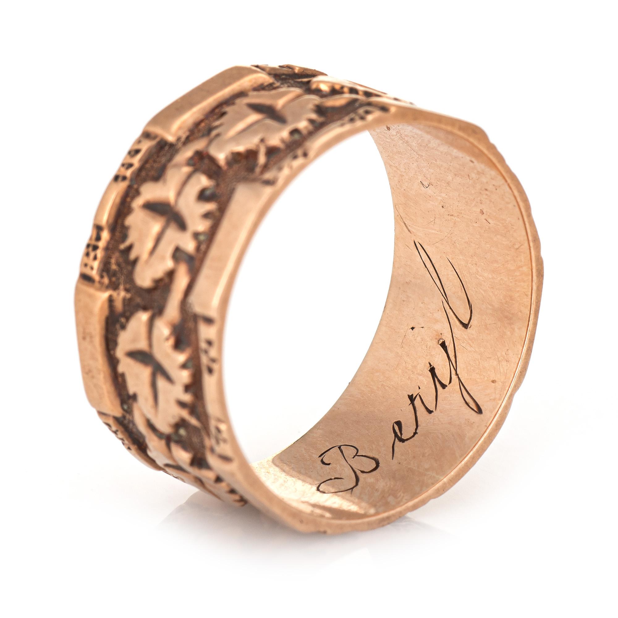 Antiguo Anillo Victoriano Patrón Hoja de Hiedra Anillo de Boda Ancho Oro Rosa 10k 2
