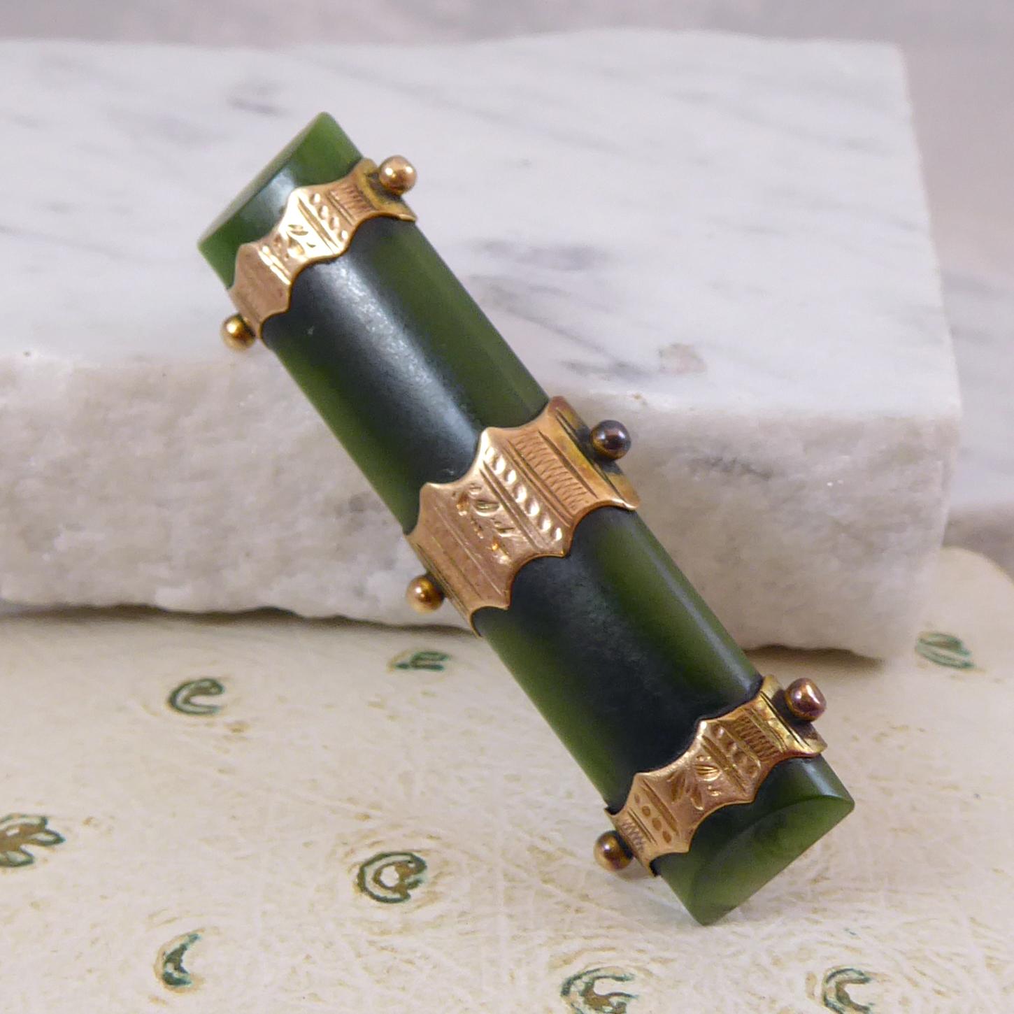 Antique Victorian Jade Brooch, Gold Strap and Bead Decoration In Good Condition In Yorkshire, West Yorkshire