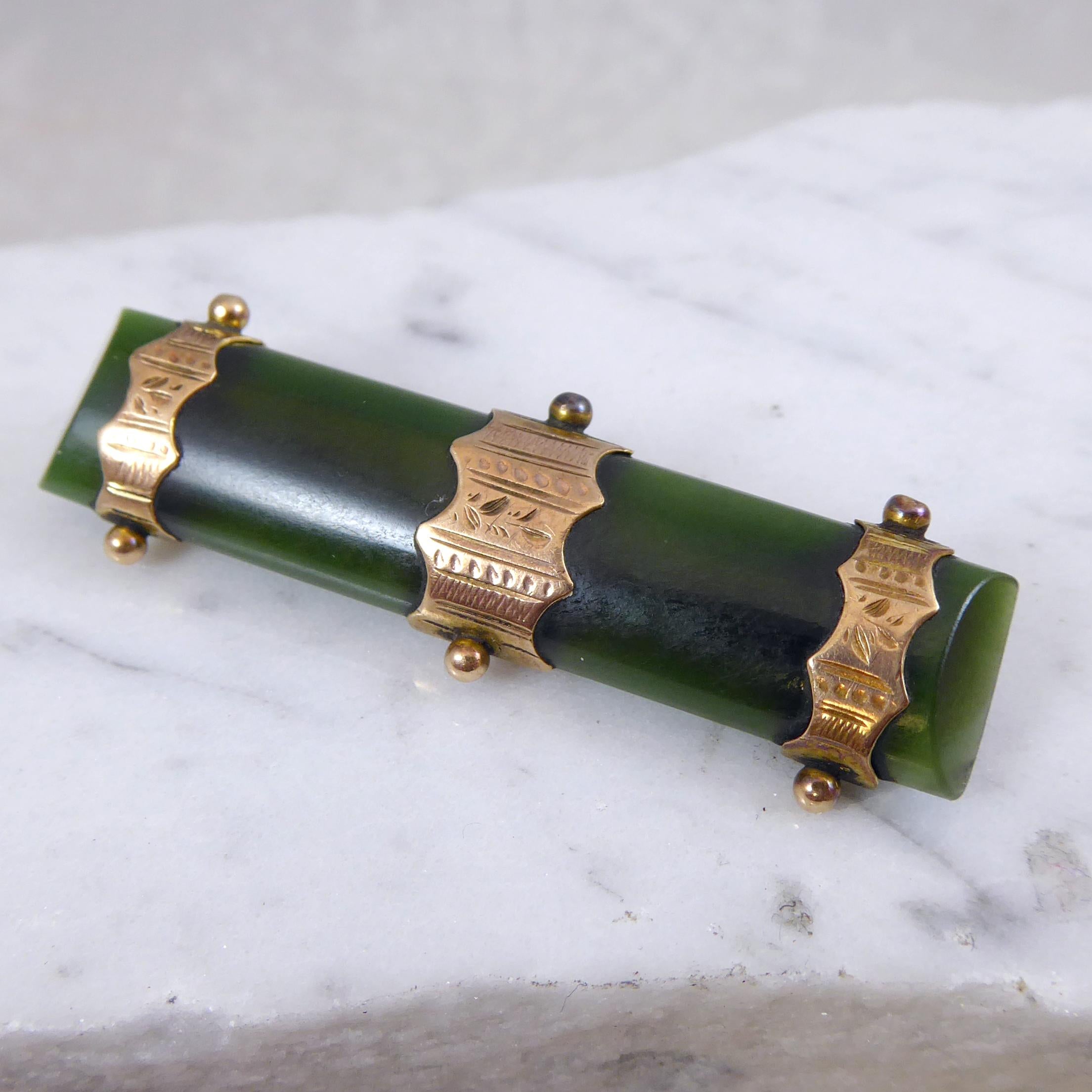 Women's Antique Victorian Jade Brooch, Gold Strap and Bead Decoration