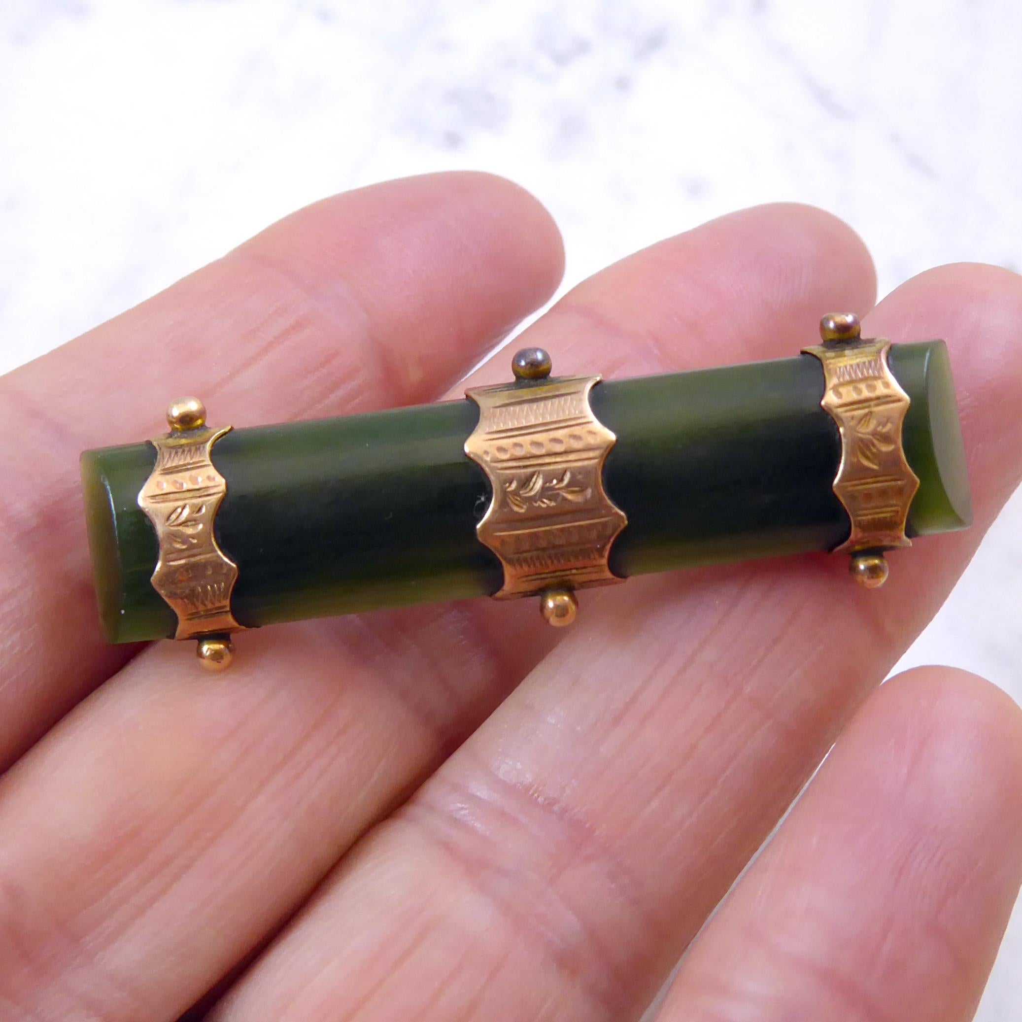 Antique Victorian Jade Brooch, Gold Strap and Bead Decoration 1