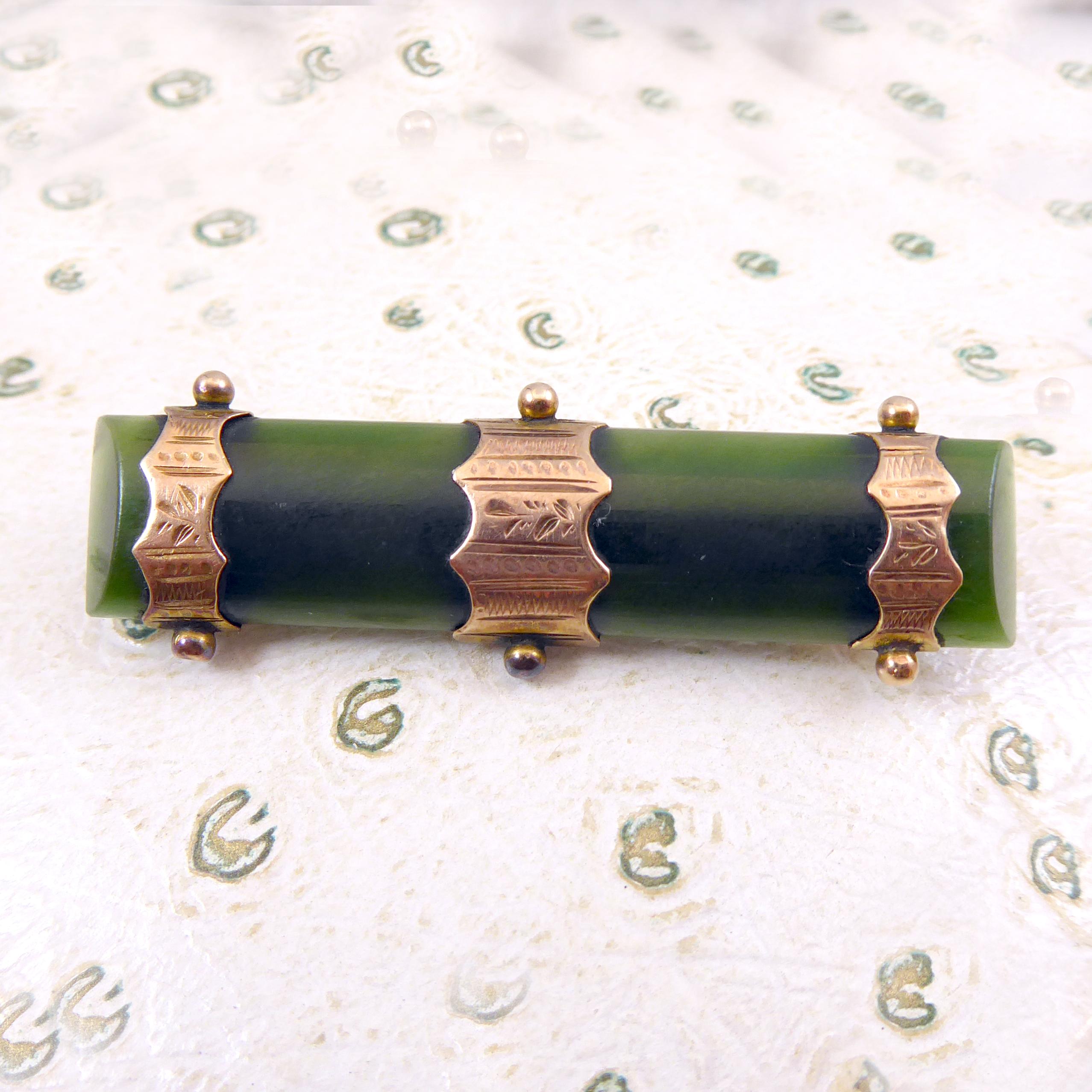 Antique Victorian Jade Brooch, Gold Strap and Bead Decoration 3