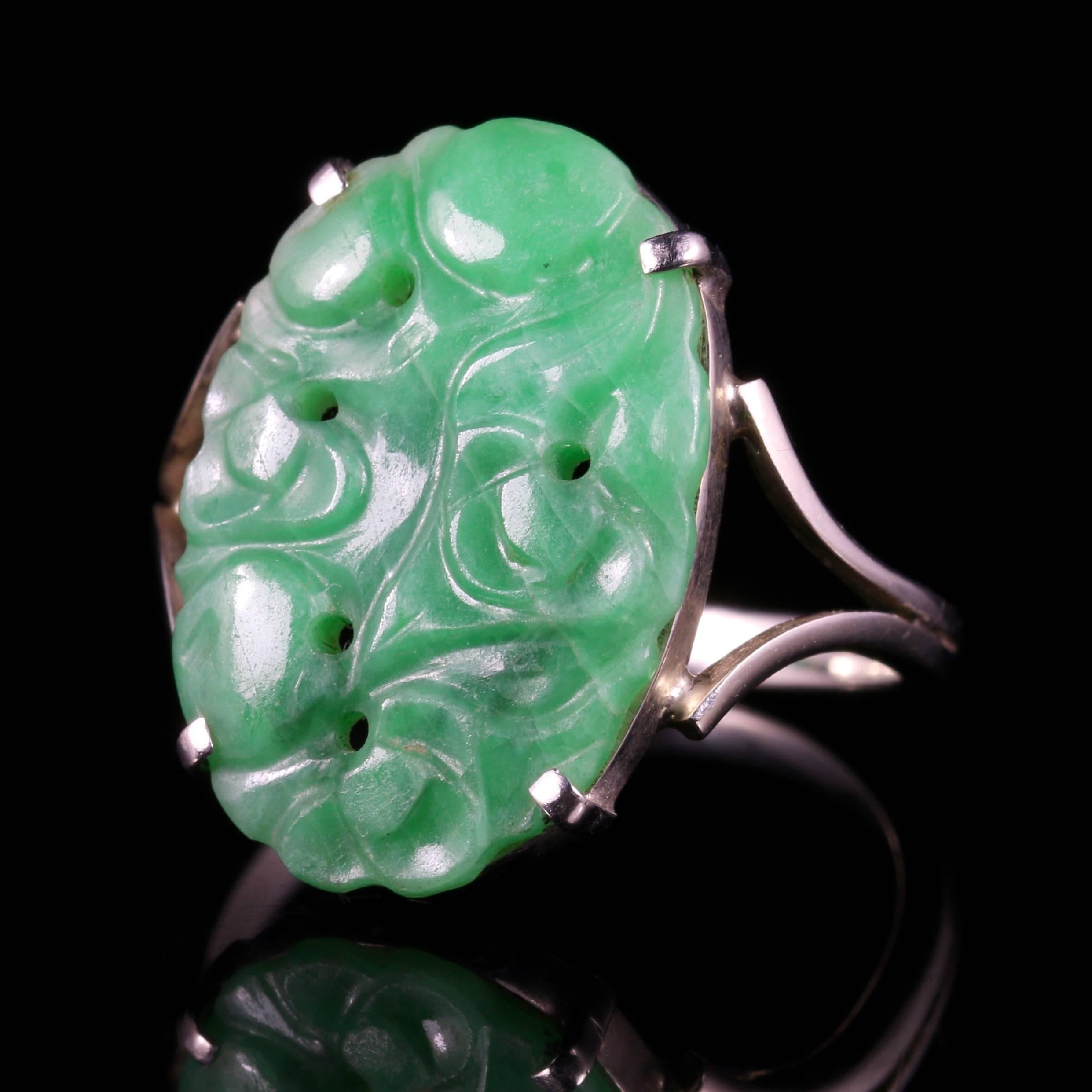 For more details please click continue reading down below...

This fabulous genuine antique Victorian ring is set with natural hand carved Jade stone. Circa 1900

Set in 18ct White Gold.

Natural Jade is most valued for its metaphysical