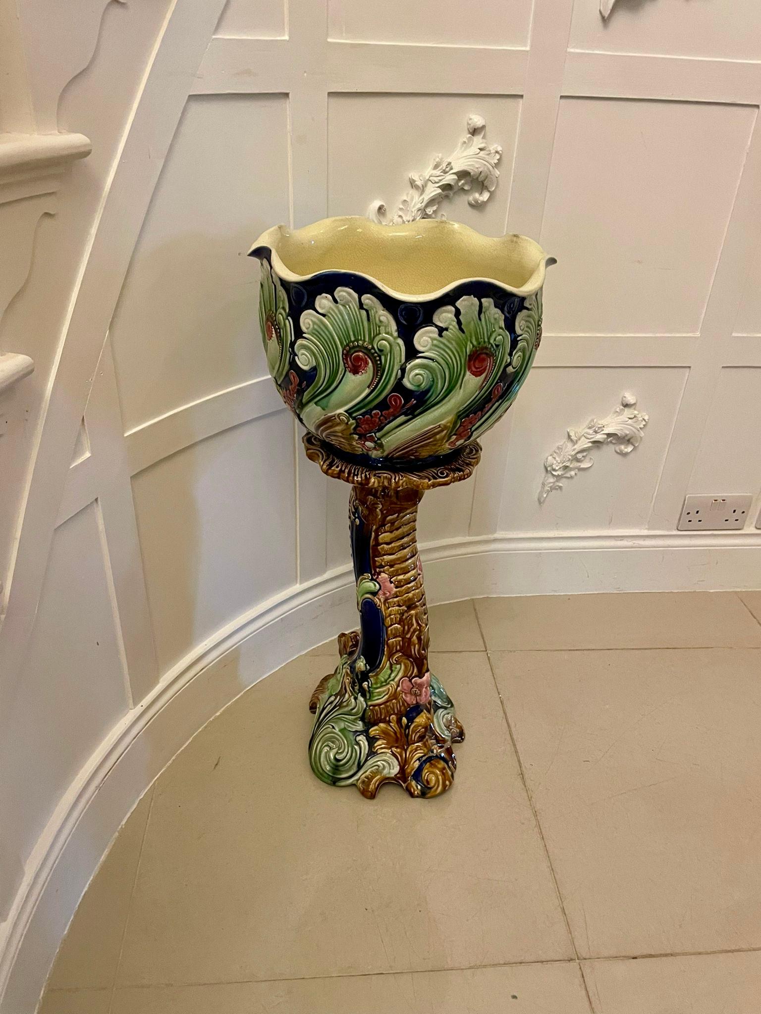 Ceramic Antique Victorian Jardiniere on Stand  For Sale