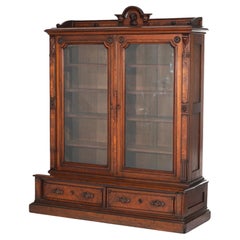 Antique Victorian Jelliff Figural Carved Walnut & Burl Enclosed Bookcase, c1880