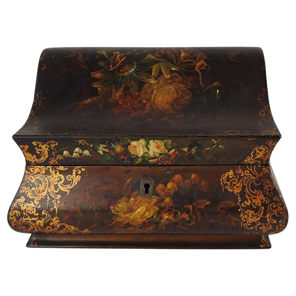 Antique Lacquered Paper Mache Sewing or Jewelry Box with Inlaid Carved ...