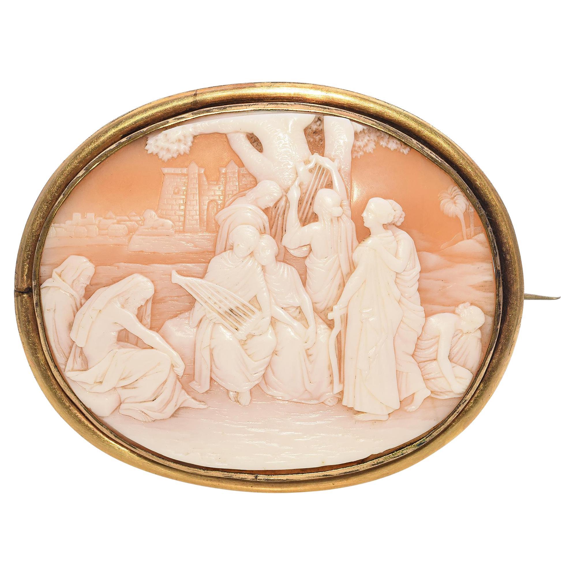 Antique Victorian Jesus in Mourning Battle of Babylon Cameo Brooch For Sale