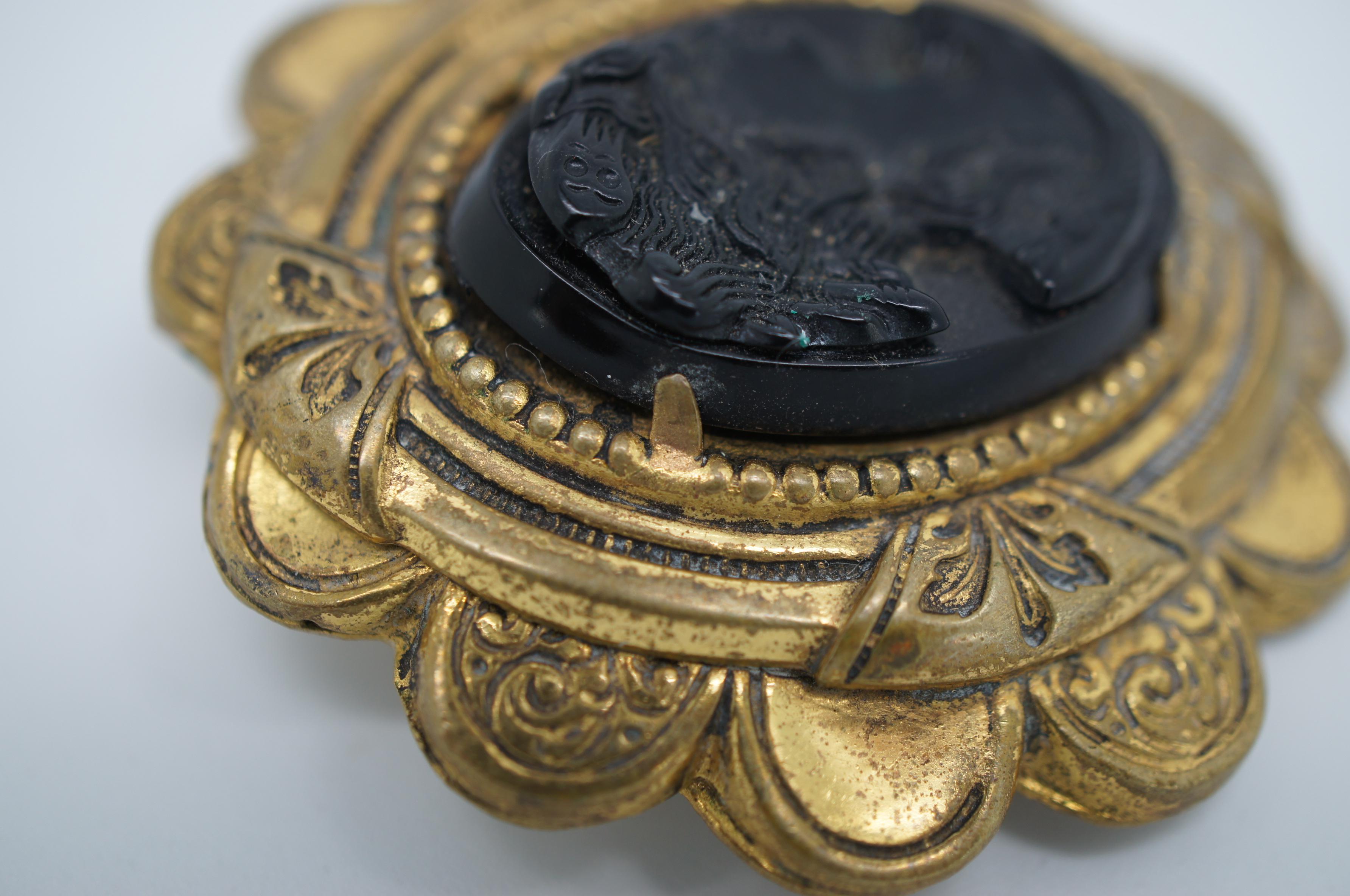 Antique Victorian Jet Black Vulcanite and Bronze Cameo Mourning Brooch Pin In Good Condition In Dayton, OH