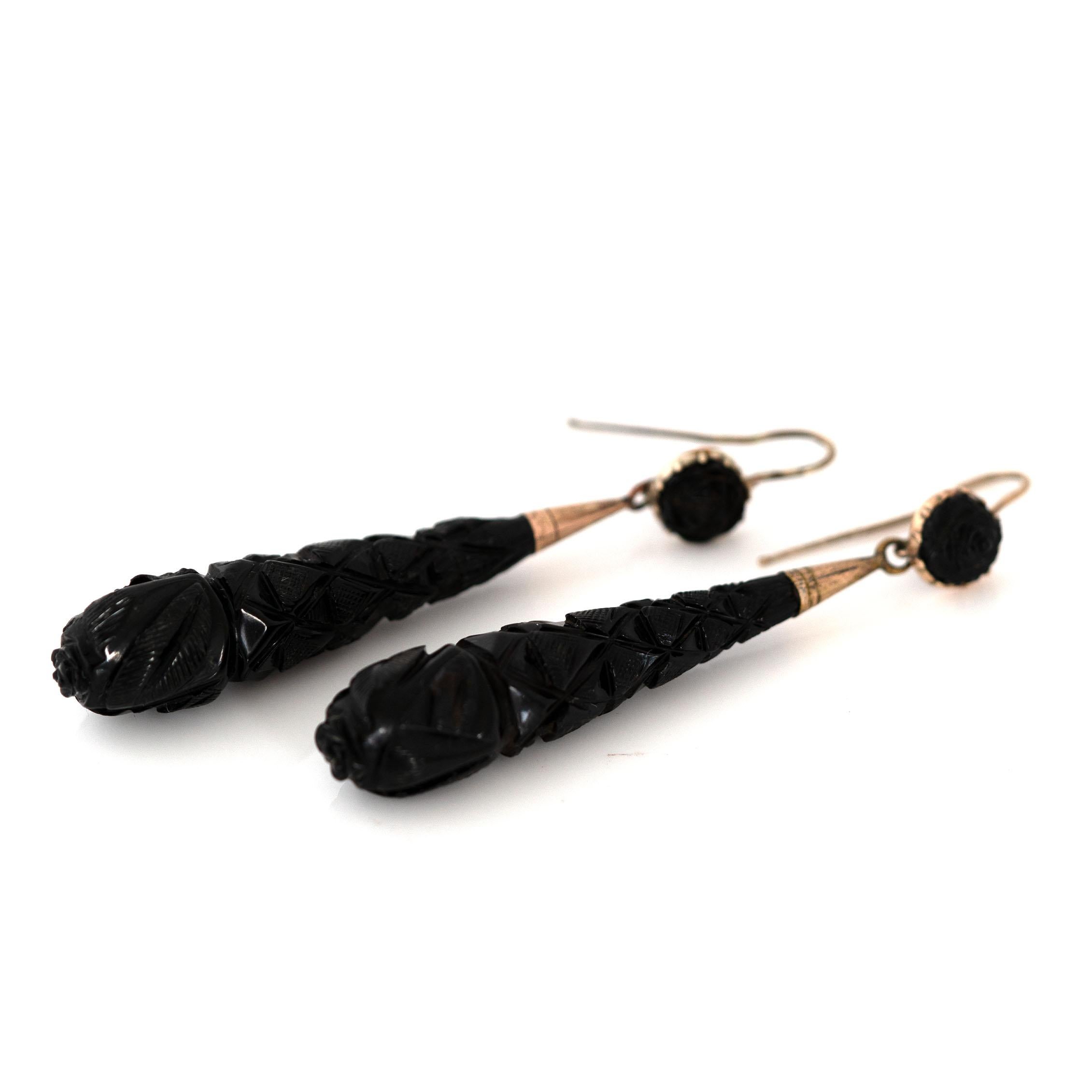 Antique Victorian Jet Drop 9ct Gold Earrings In Good Condition In London, GB