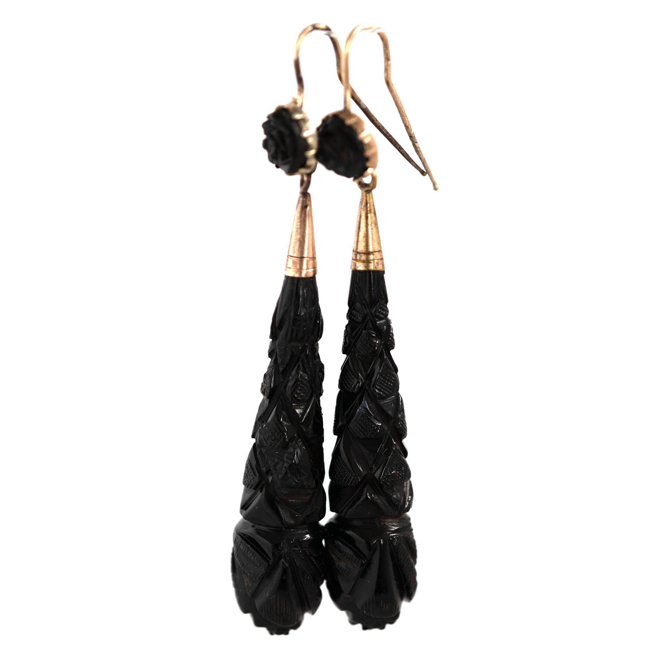 Antique Victorian Jet Drop 9ct Gold Earrings 1