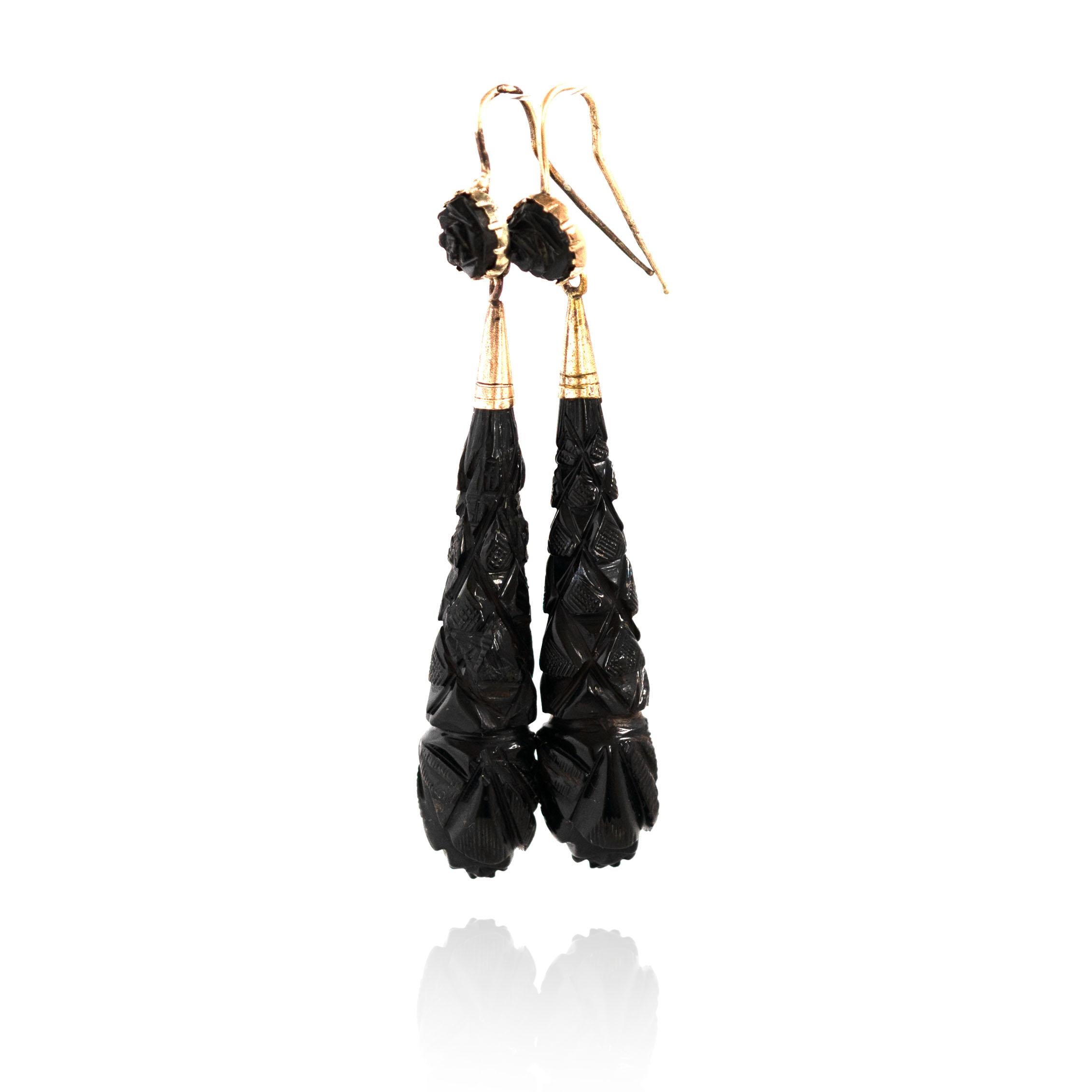 Antique Victorian Jet Drop 9ct Gold Earrings 2