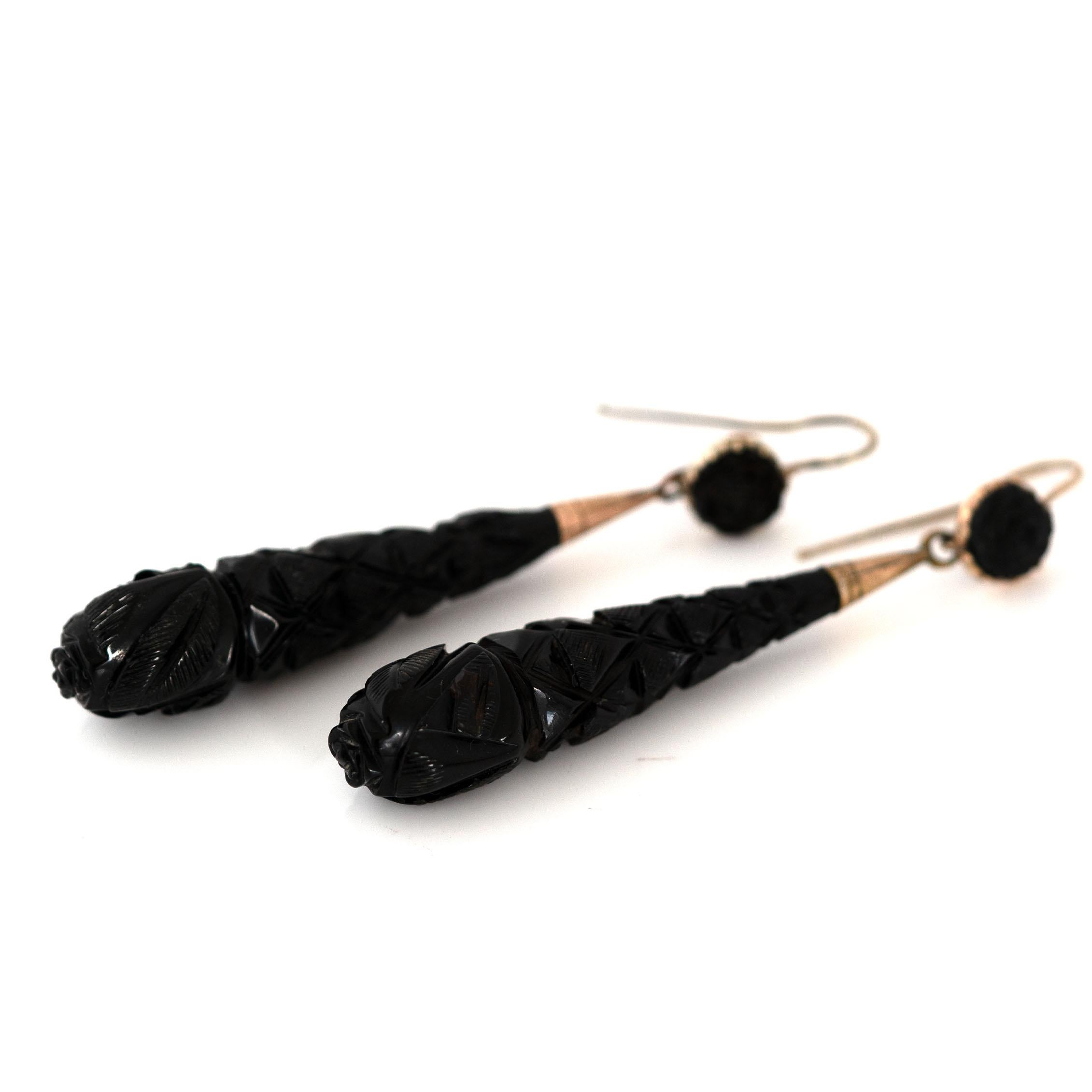 Antique Victorian Jet Drop 9ct Gold Earrings 3