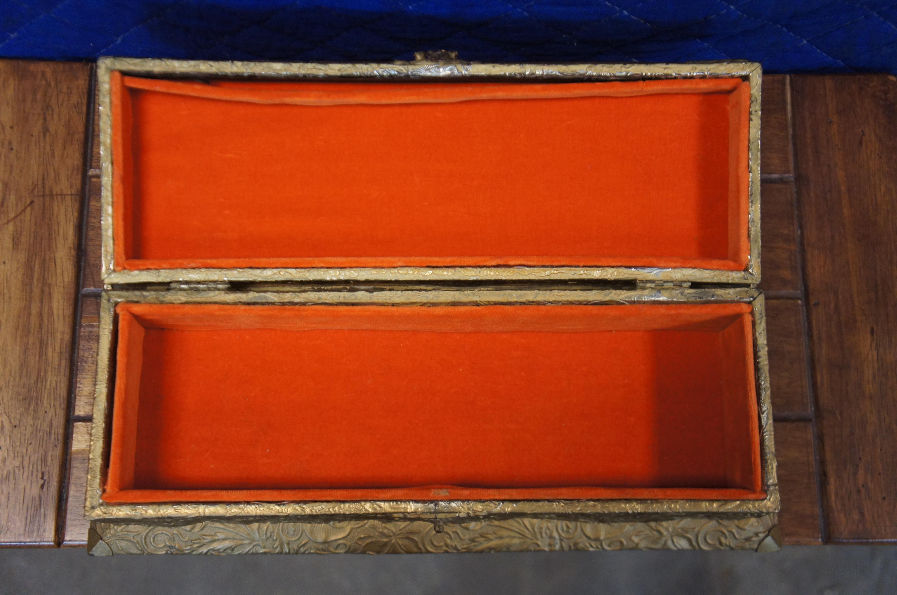 Antique Victorian J&S Embossed Gilt Metal Enameled Glove Storage Casket Box For Sale 5