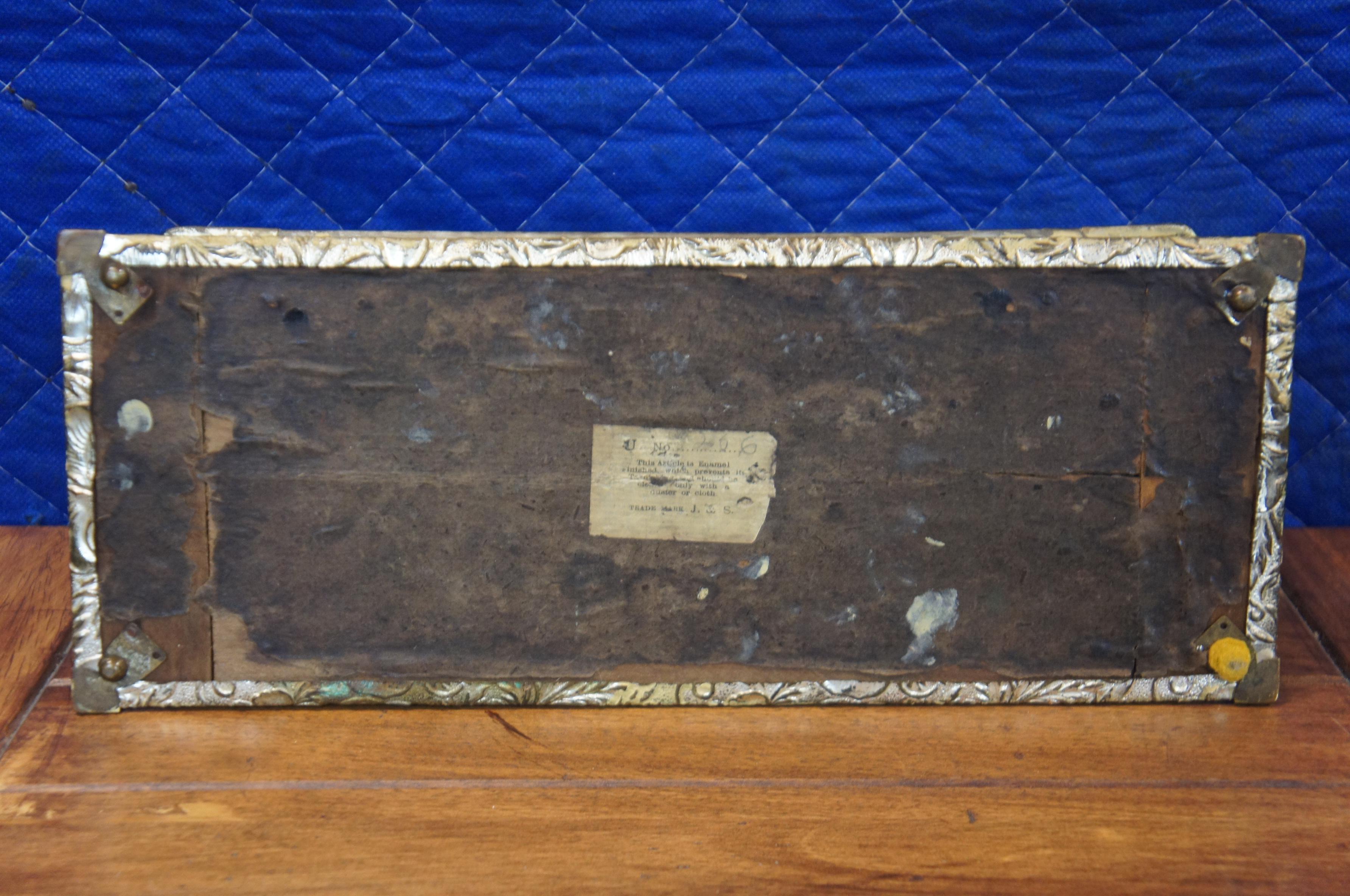 19th Century Antique Victorian J&S Embossed Gilt Metal Enameled Glove Storage Casket Box For Sale