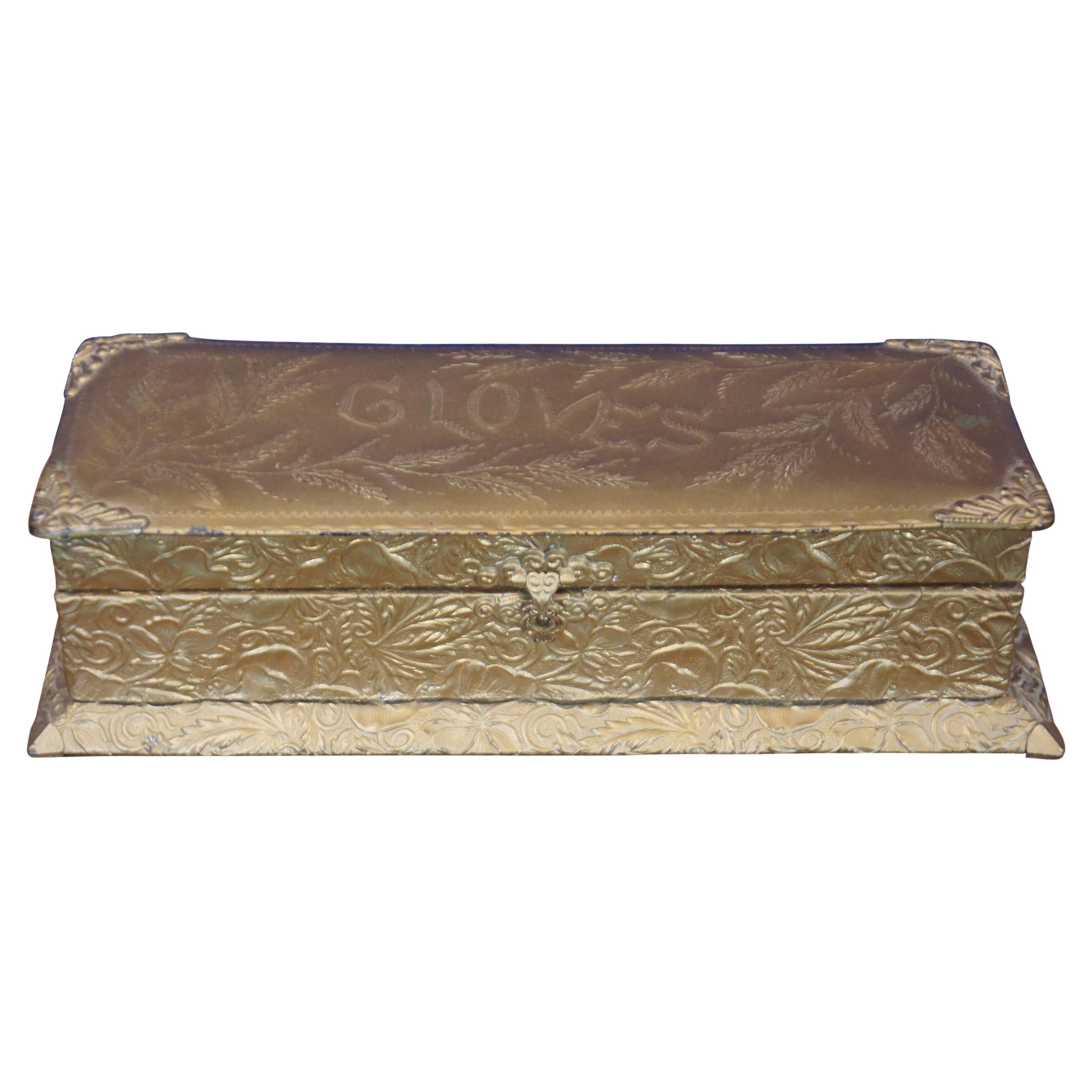 Antique Victorian J&S Embossed Gilt Metal Enameled Glove Storage Casket Box For Sale