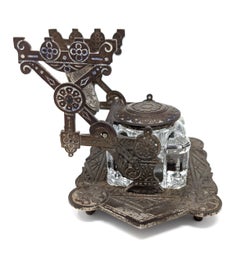 Antique Victorian Judd Cast Iron Glass Inkwell and Pen Stand